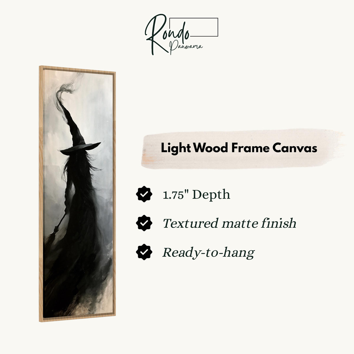 Witch silhouette with a tall hat in smoke canvas print in a light wood floating frame