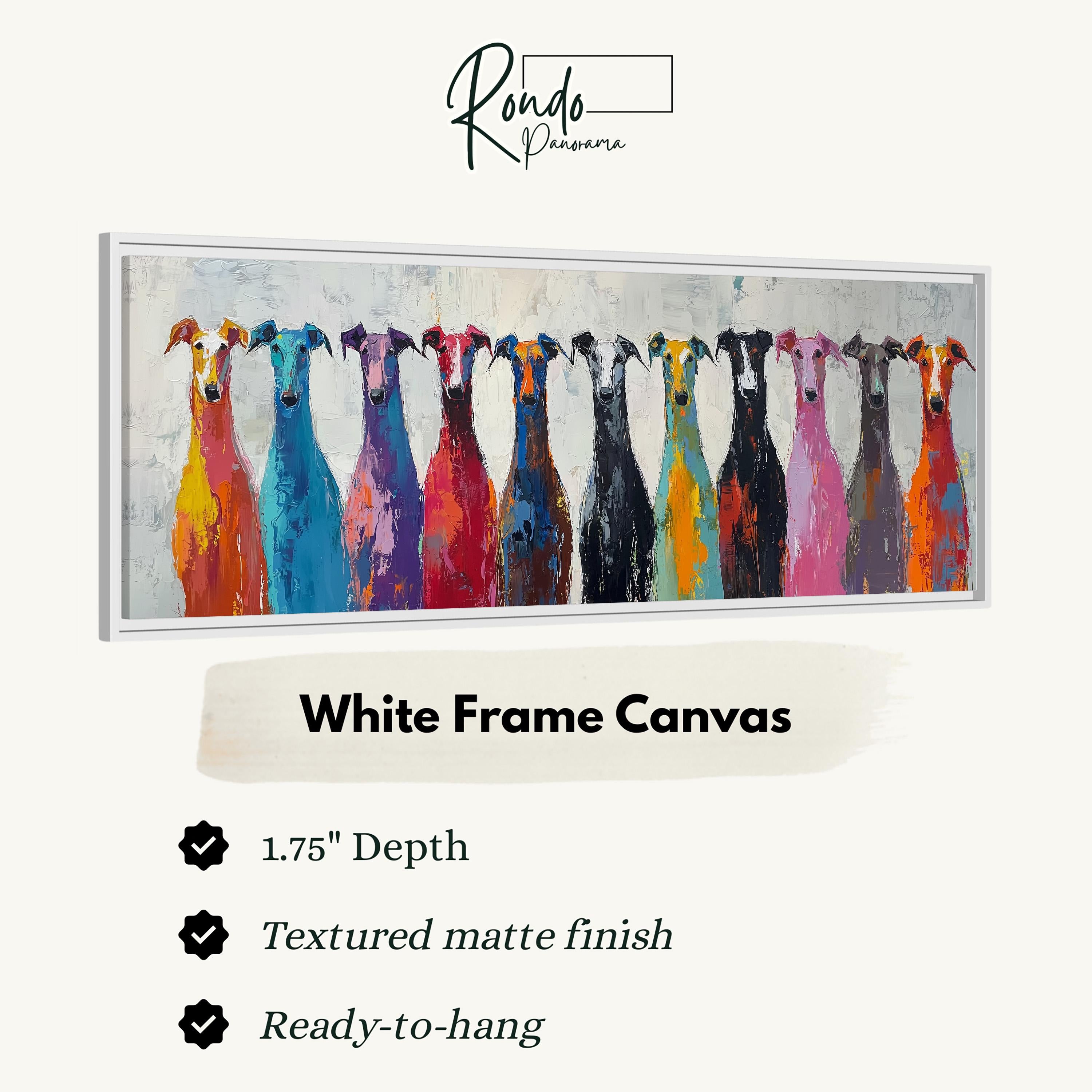 The image is a white frame canvas featuring a painting of a group of colorful dogs.
