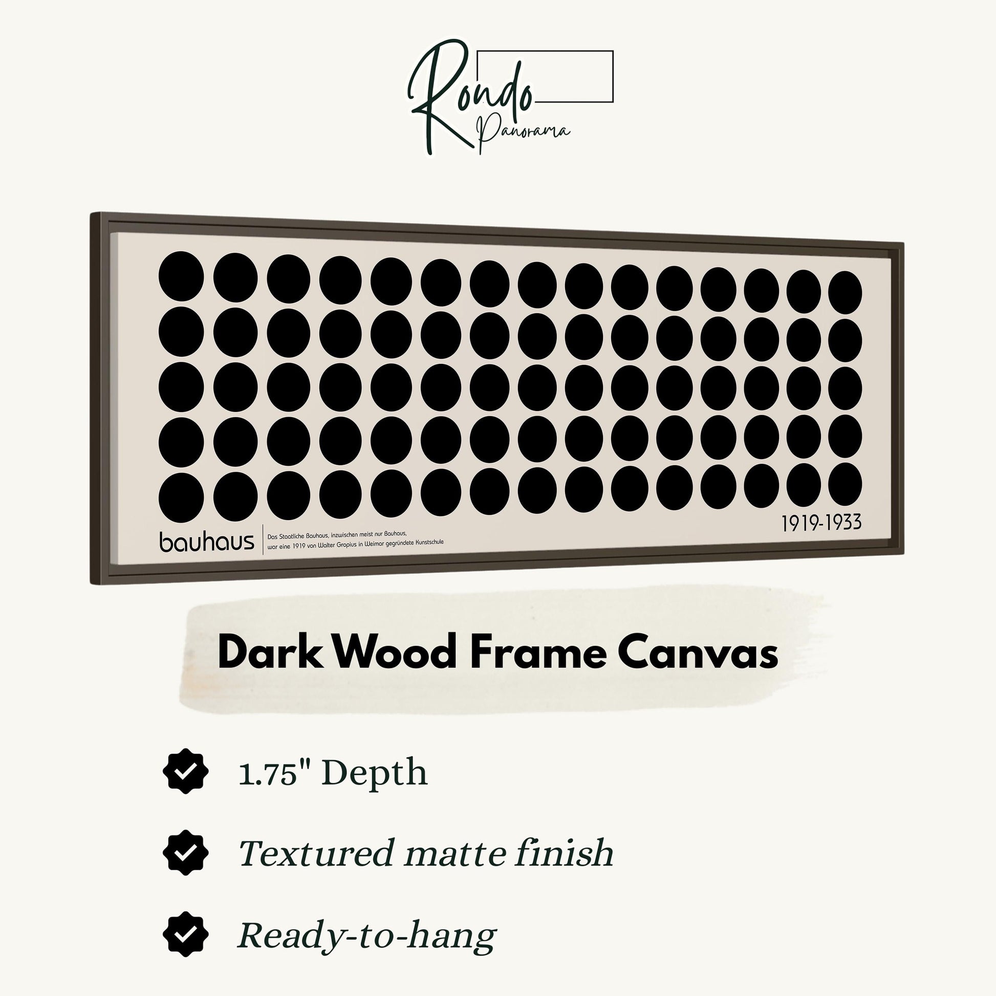a dark wood frame canvas with a checkmark next to it, indicating that it is ready to hang.