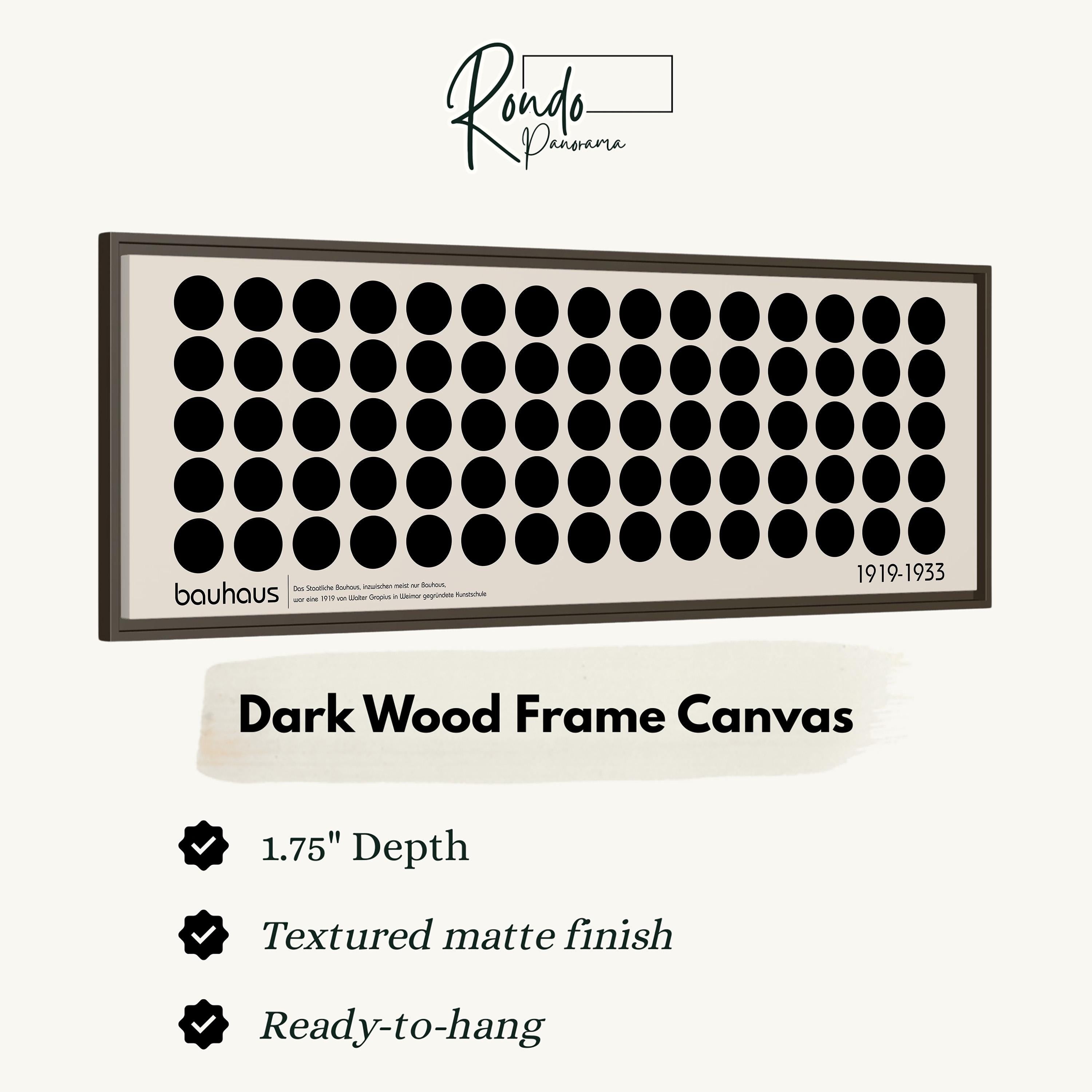 a dark wood frame canvas with a checkmark next to it, indicating that it is ready to hang.