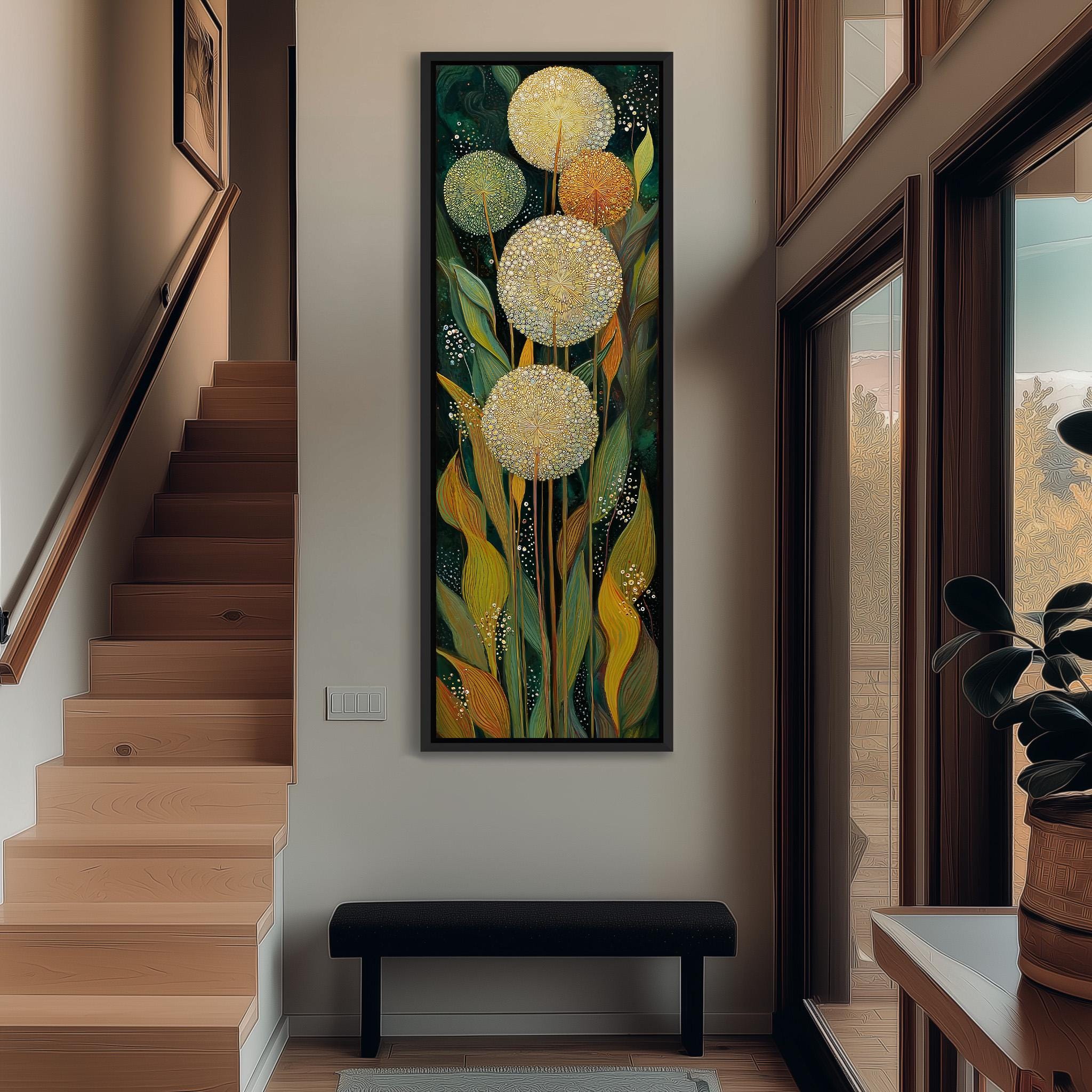 a large, colorful painting of flowers hanging on the wall of a hallway. The painting is framed and appears to be the focal point of the space.