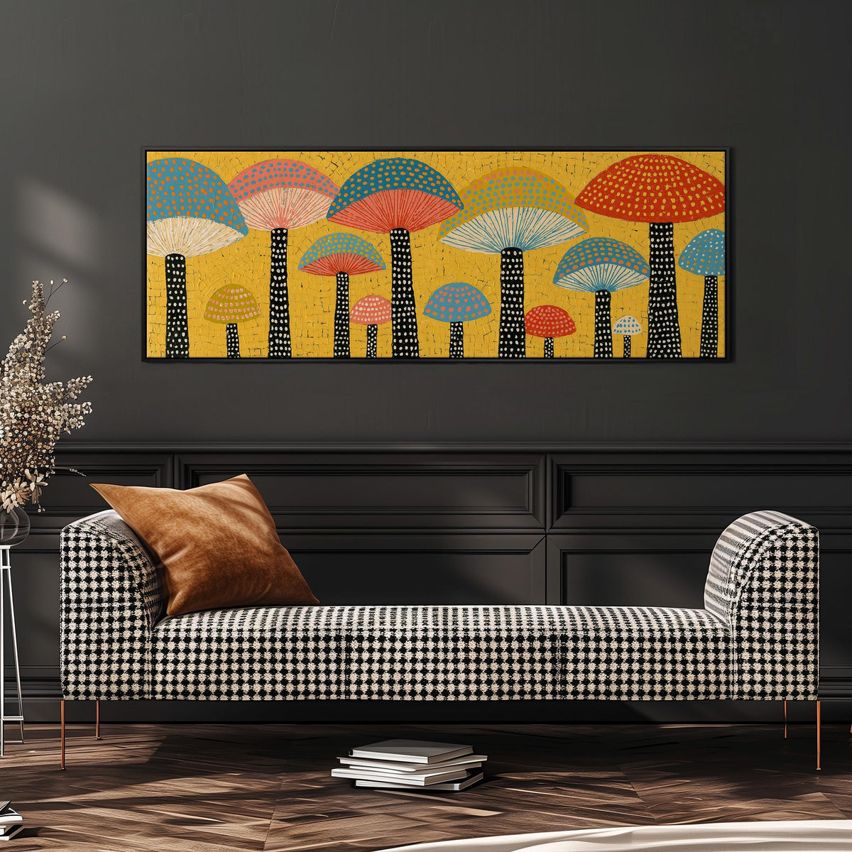 Golden mushroom parade wide panoramic canvas print above a bench in a dark living room
