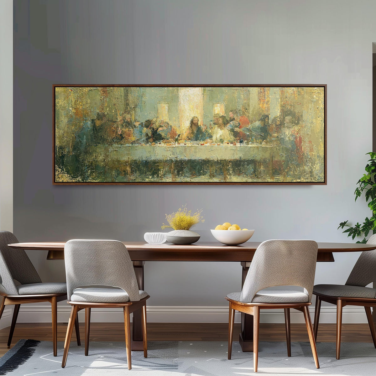 The Last Supper in golden impasto texture long horizontal canvas print above a dining table