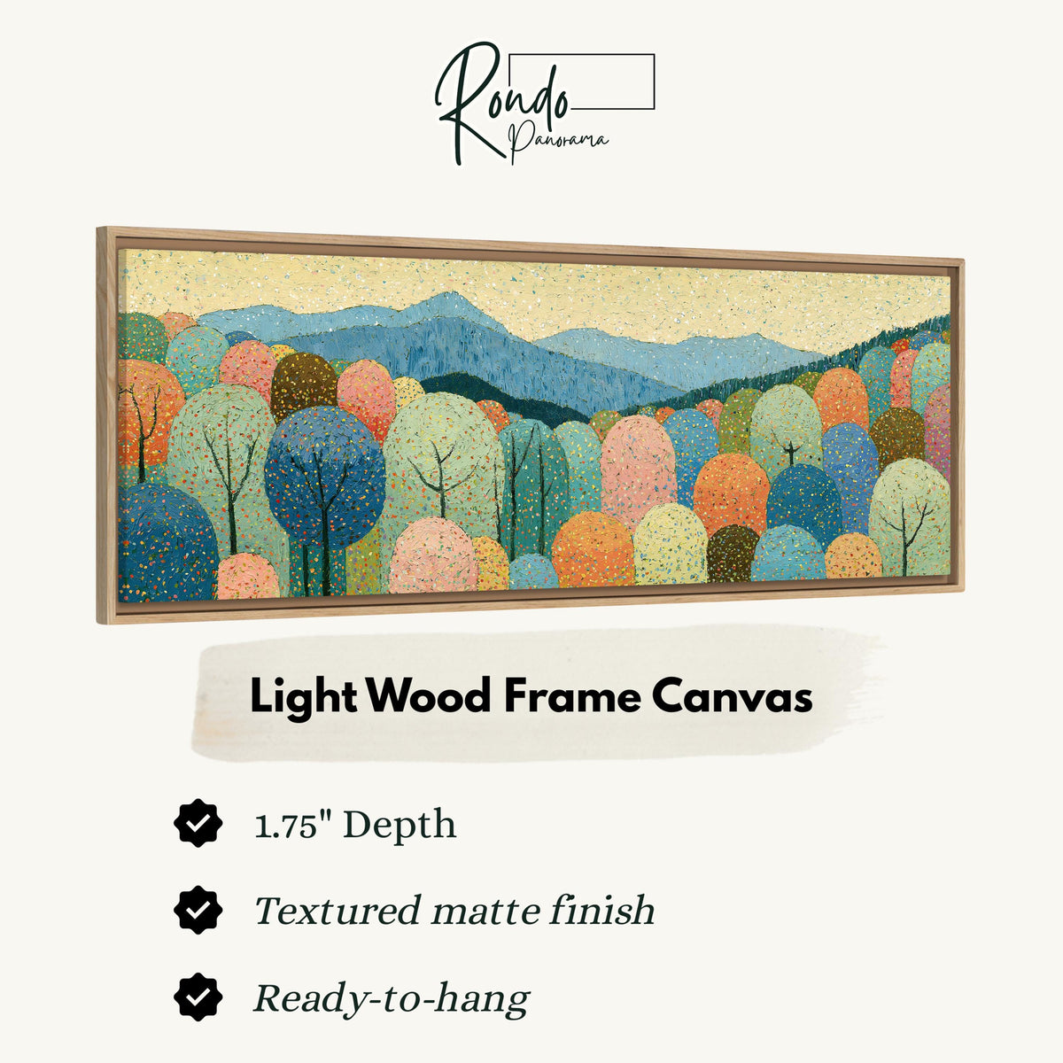 Pastel dotted forest below blue mountains canvas print in a light wood floating frame