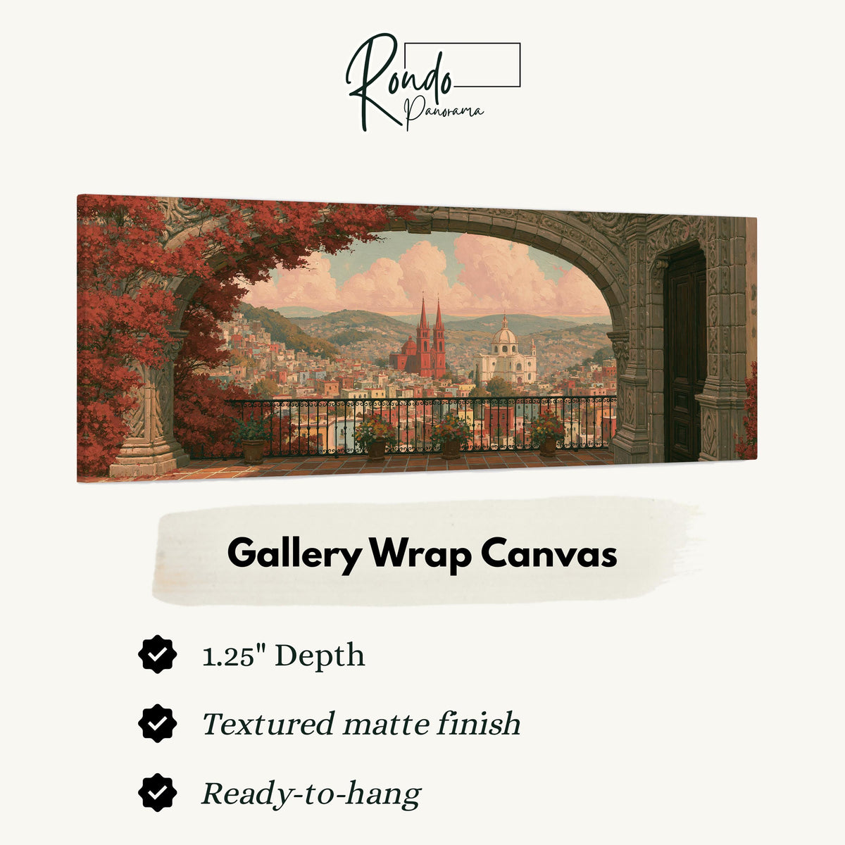 Old world city view through an archway gallery wrap canvas with the image wrapped around the edges