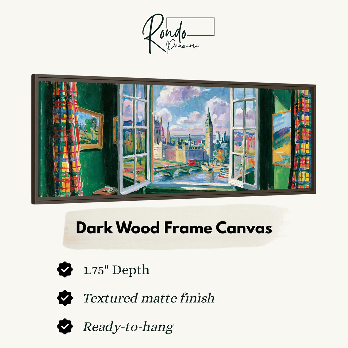 London and Big Ben through a green room window canvas print in a dark wood floating frame