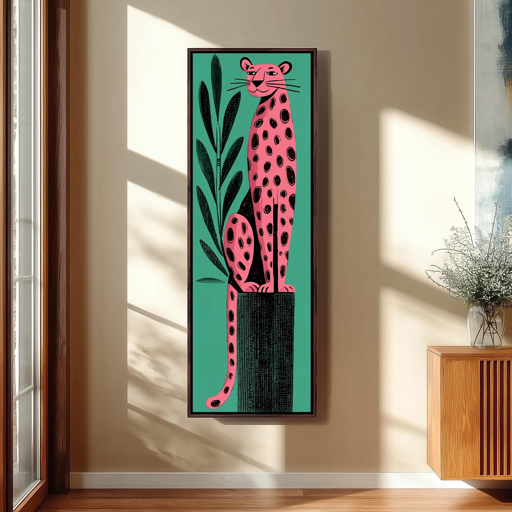 a large framed artwork of a leopard sitting on a plant, with a green background and a pink and black color scheme.