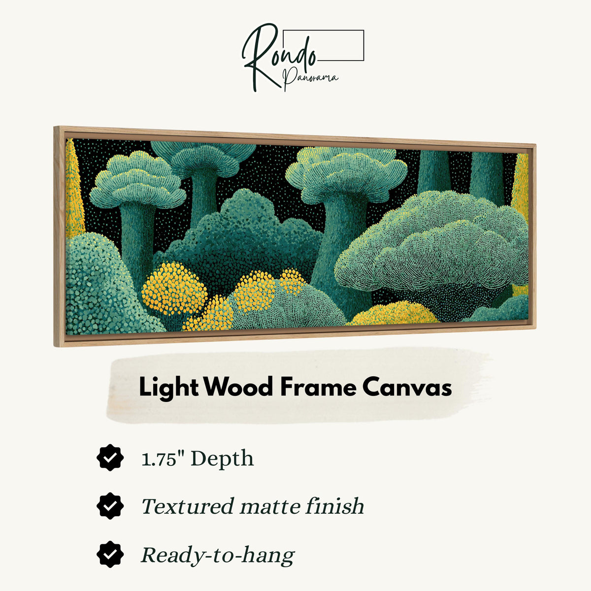 Teal dotted treetops canvas print in a light wood floating frame