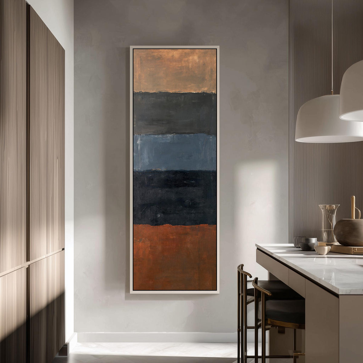 Moody color field bands in rust and navy tall skinny canvas print in a modern kitchen