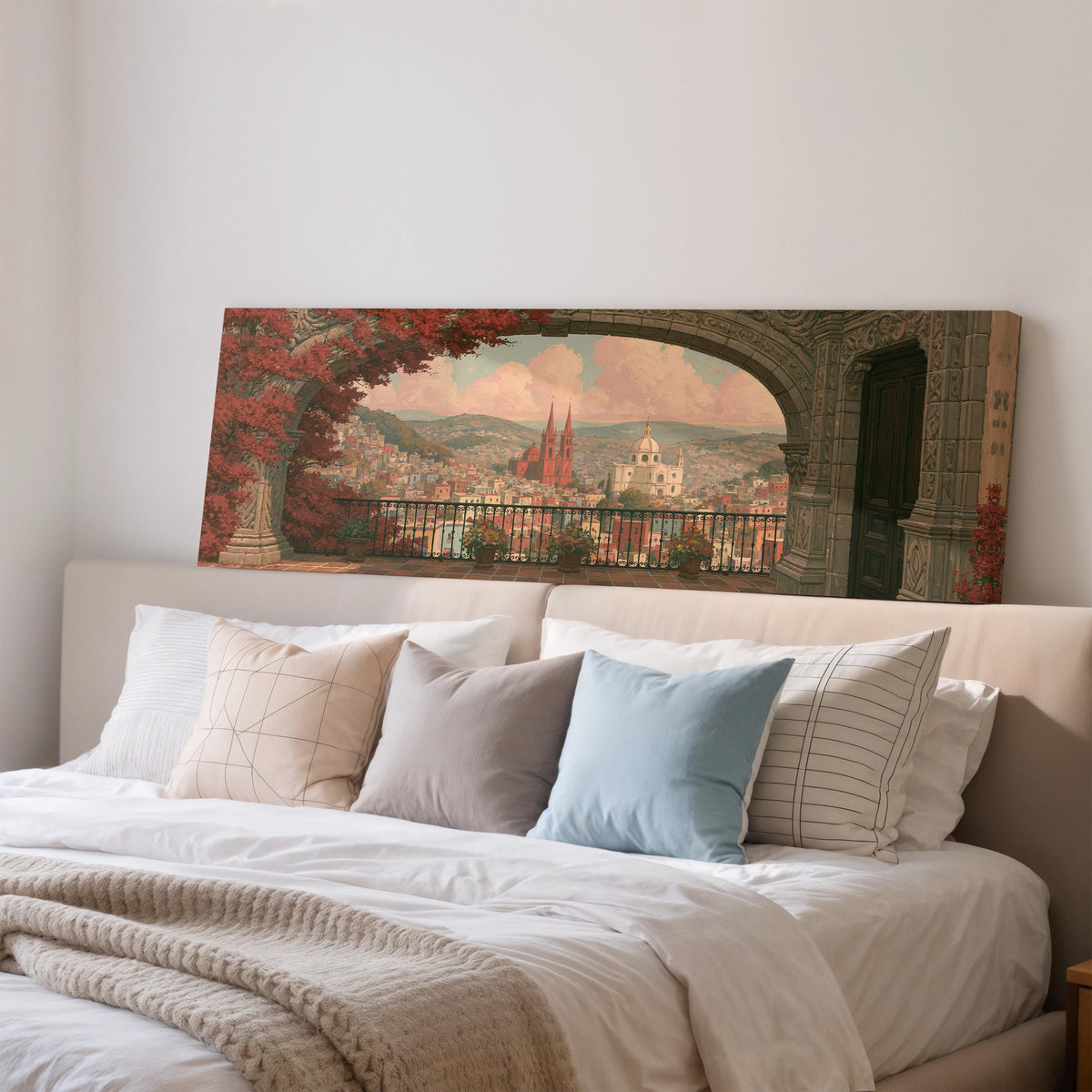 Old world city view through an archway wide panoramic canvas print above a bed in a bedroom