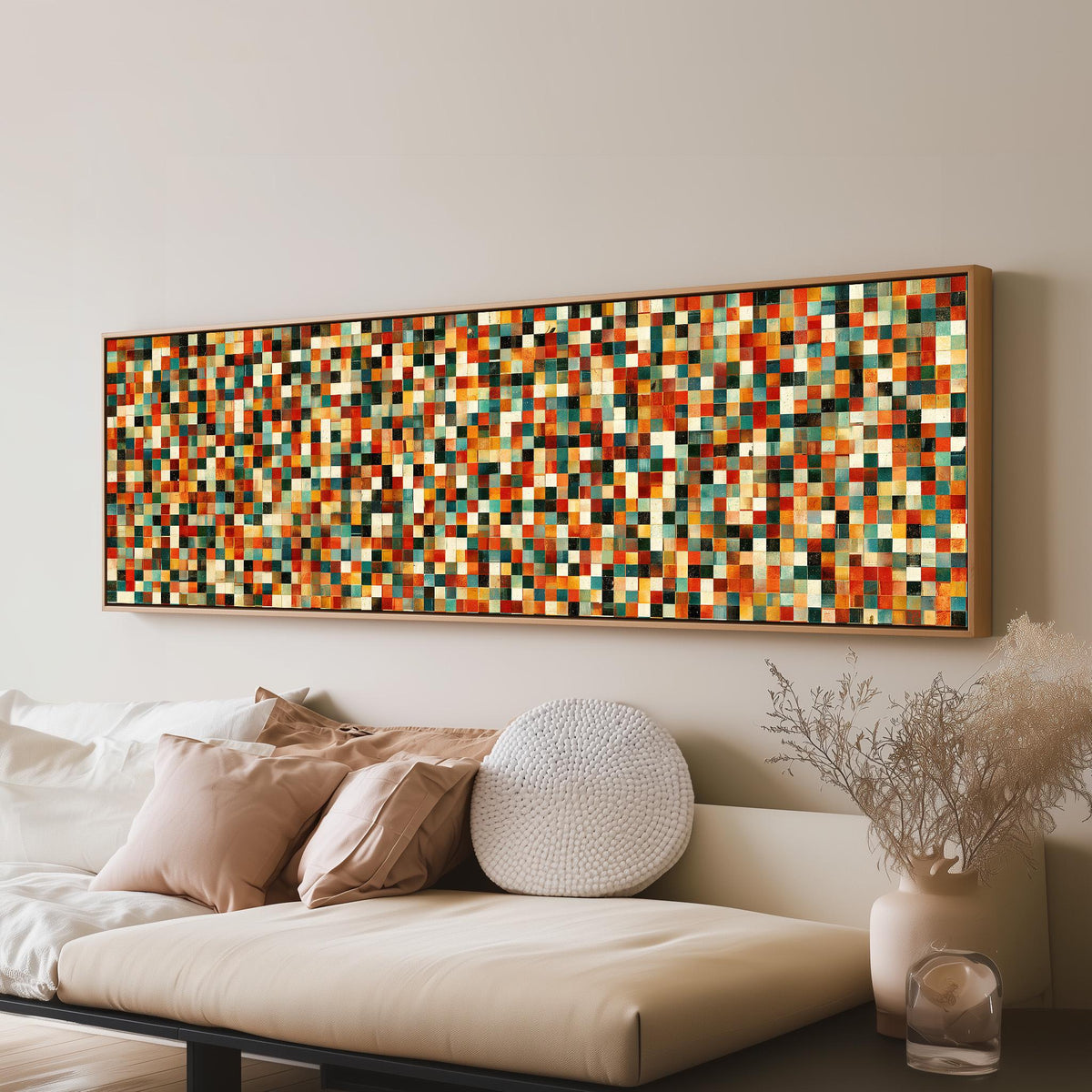 Dense autumn mosaic tiles panoramic canvas print above a sofa in a living room