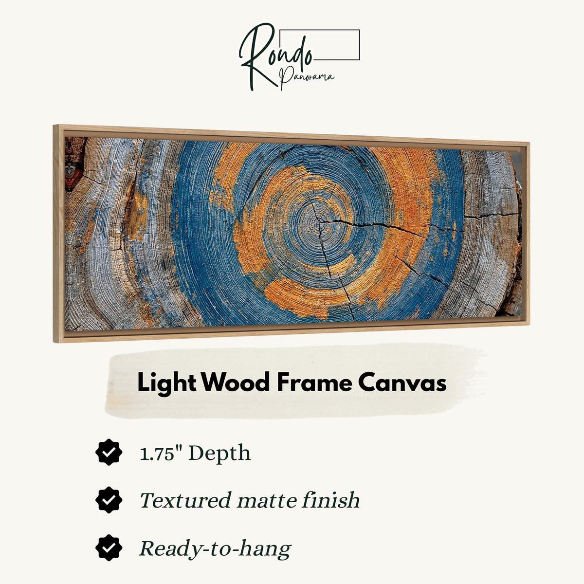 Blue and orange tree ring canvas print in a light wood floating frame