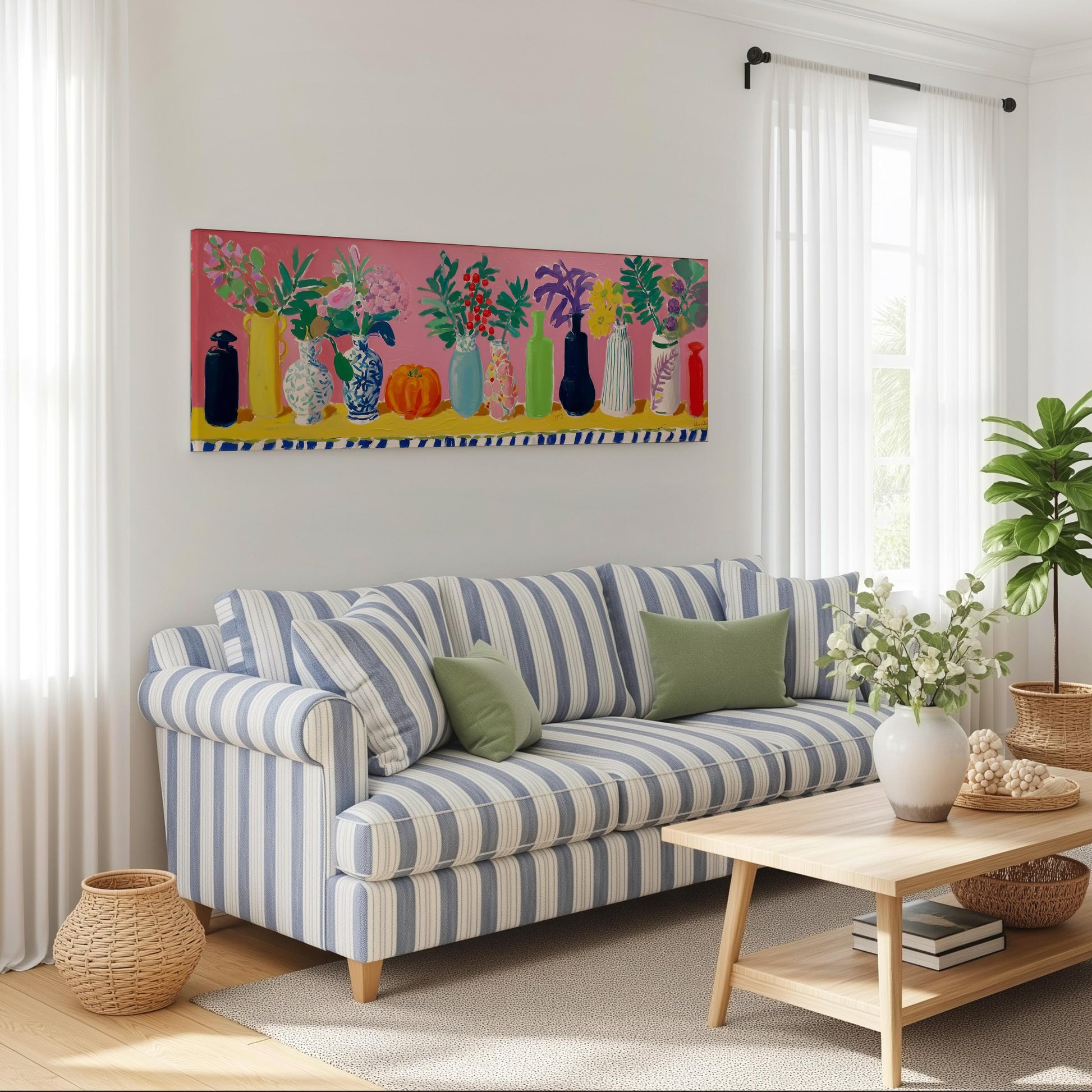 a cozy living room with a striped blue and white sofa, a wooden coffee table, and a large painting of colorful vases on the wall above the sofa.
