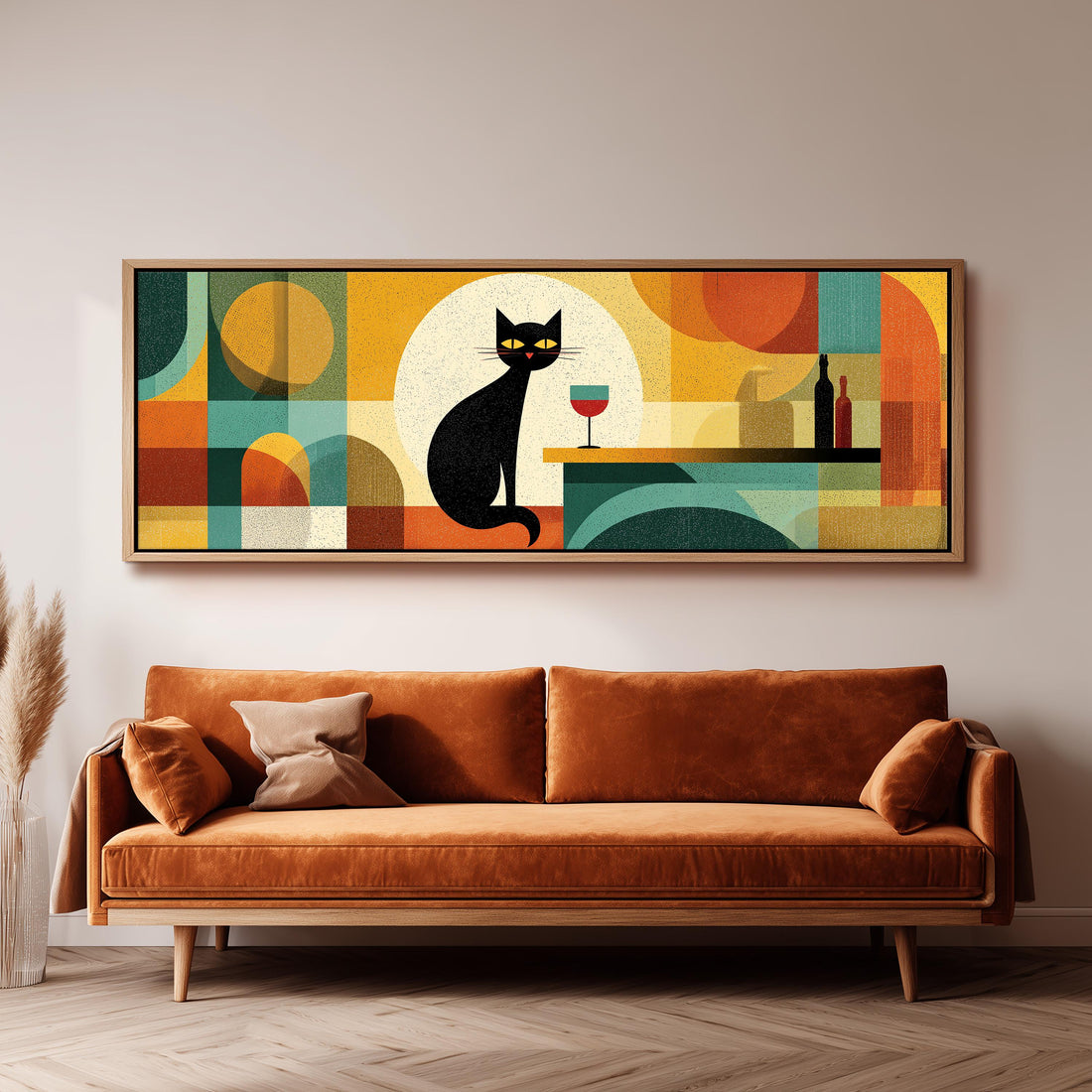 a large abstract painting of a black cat sitting on a table with a wine glass and bottle, set against a colorful geometric background.