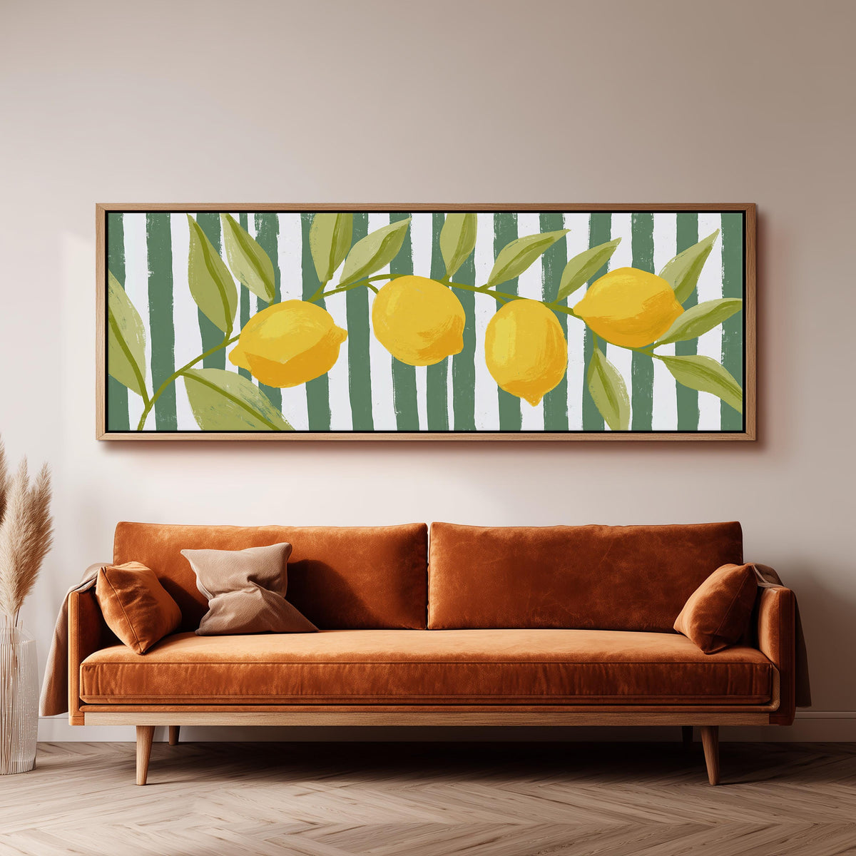 Lemon branch on green stripes wide panoramic canvas print above a bench in a dark living room