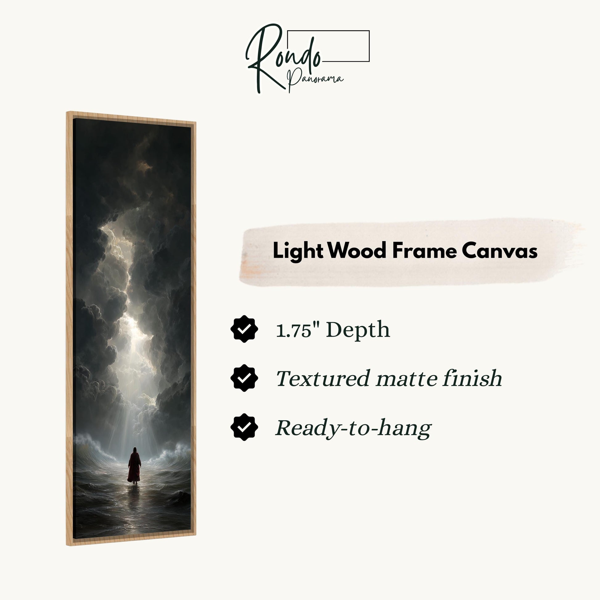The image is a vertical wooden frame canvas depicting a person standing in front of a stormy sky.