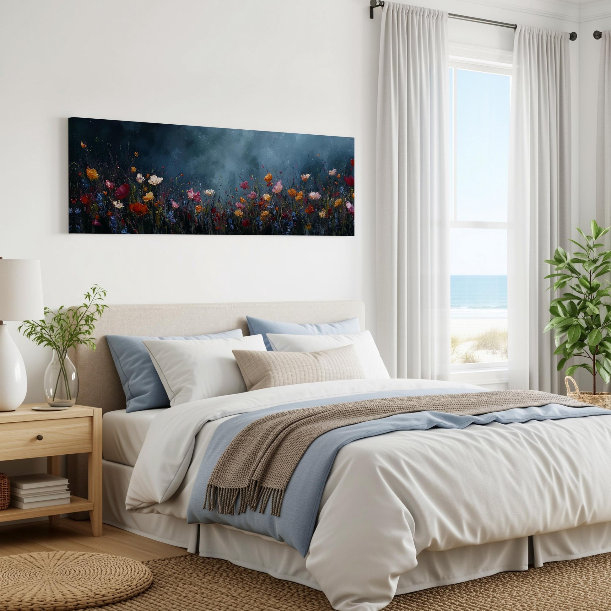 a serene bedroom with a large bed, a nightstand, and a painting of a field of flowers on the wall. The room has a calming and peaceful atmosphere, with natural light coming in through the window and a view of the ocean.