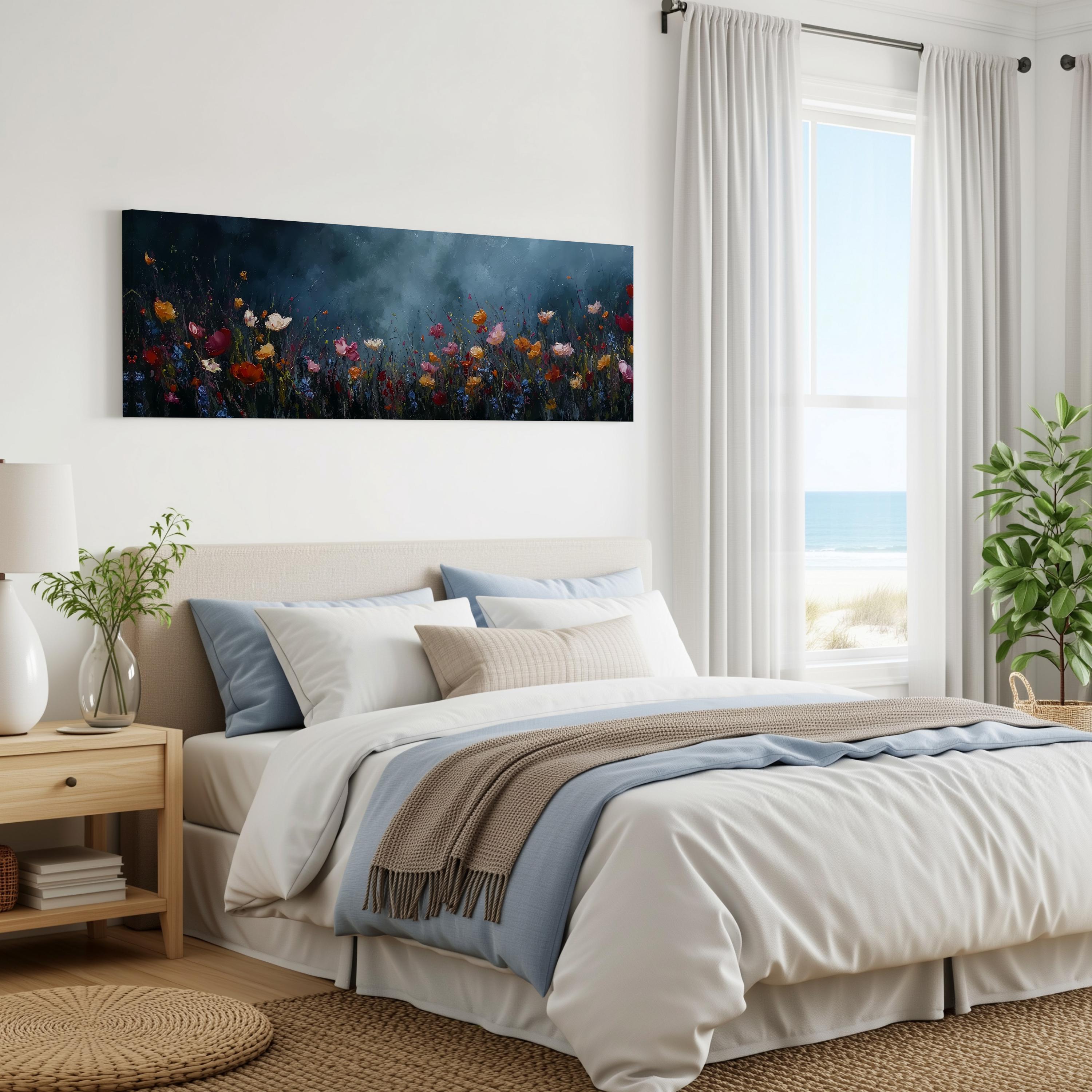 a serene bedroom with a large bed, a nightstand, and a painting of a field of flowers on the wall. The room has a calming and peaceful atmosphere, with natural light coming in through the window and a view of the ocean.