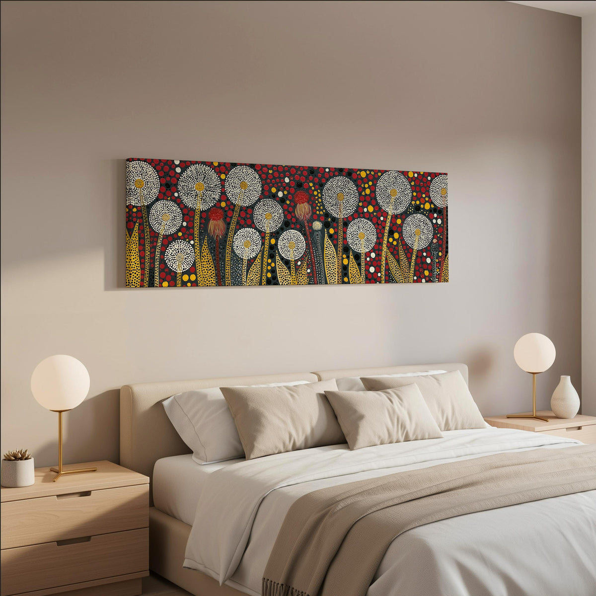 Dotted dandelions on deep red wide panoramic canvas print above a bed in a neutral bedroom