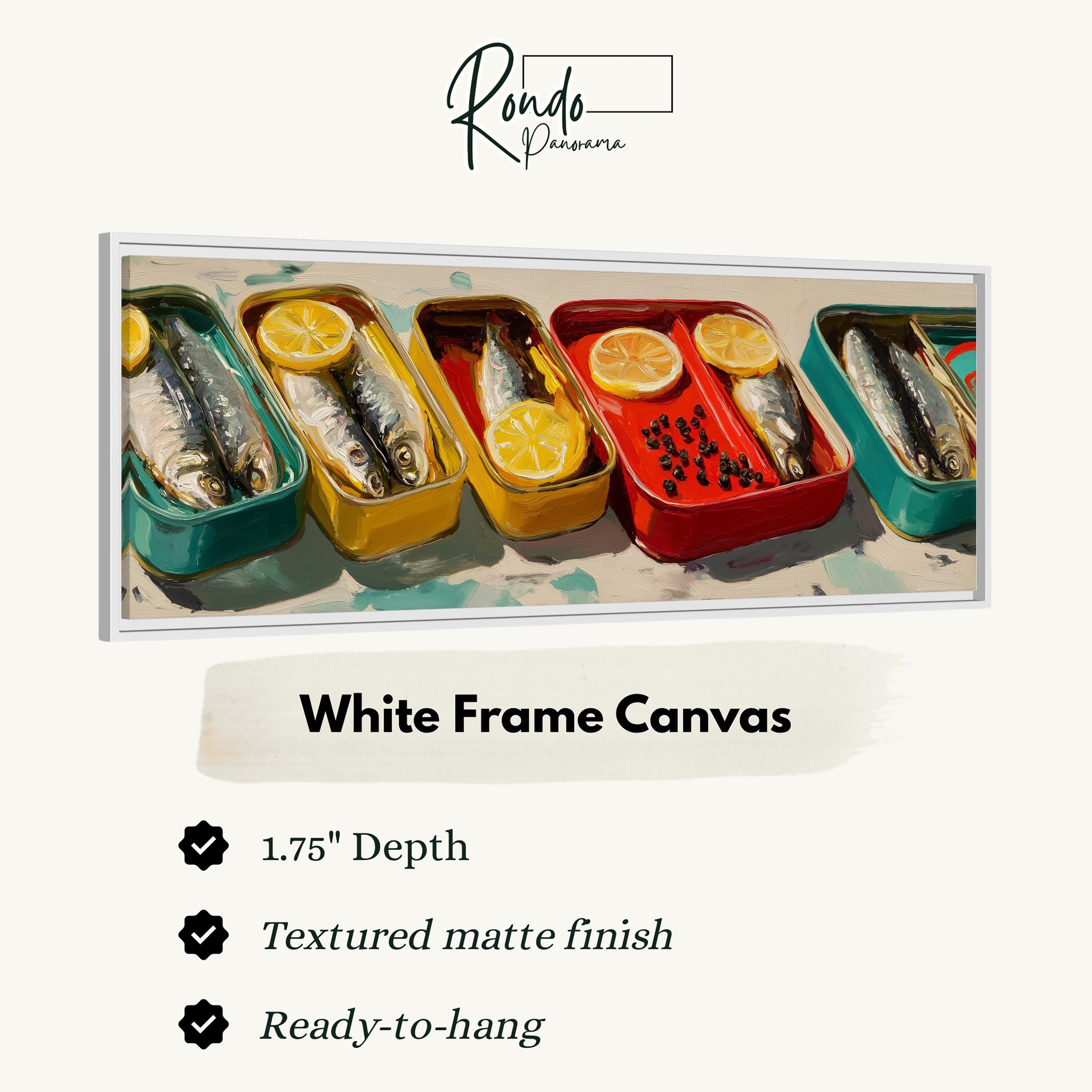 The image is a white frame canvas featuring a close-up of a variety of fish in different colored containers, with lemon slices and black pepper on top.