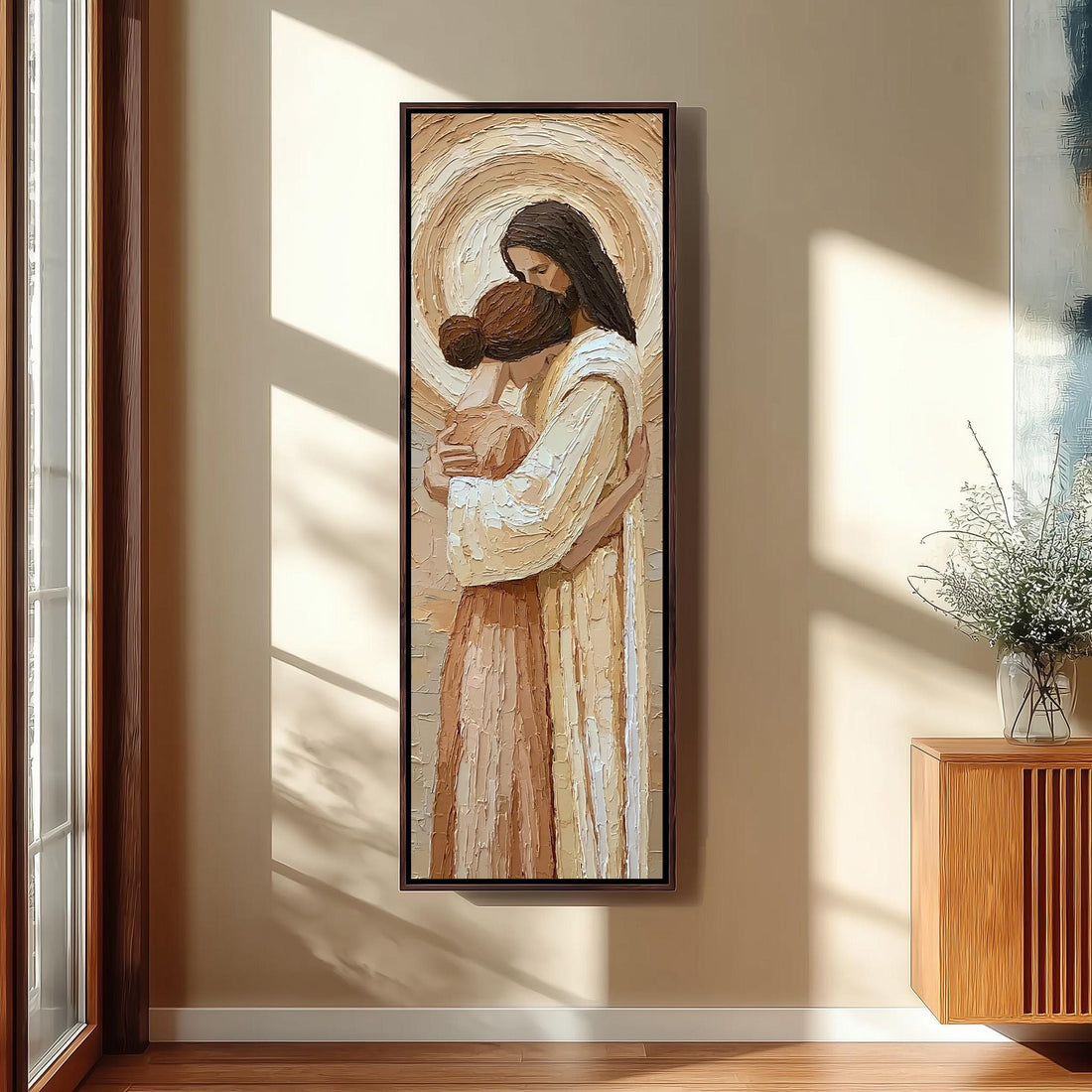 Jesus embracing a woman long vertical canvas print in a sunlit living space