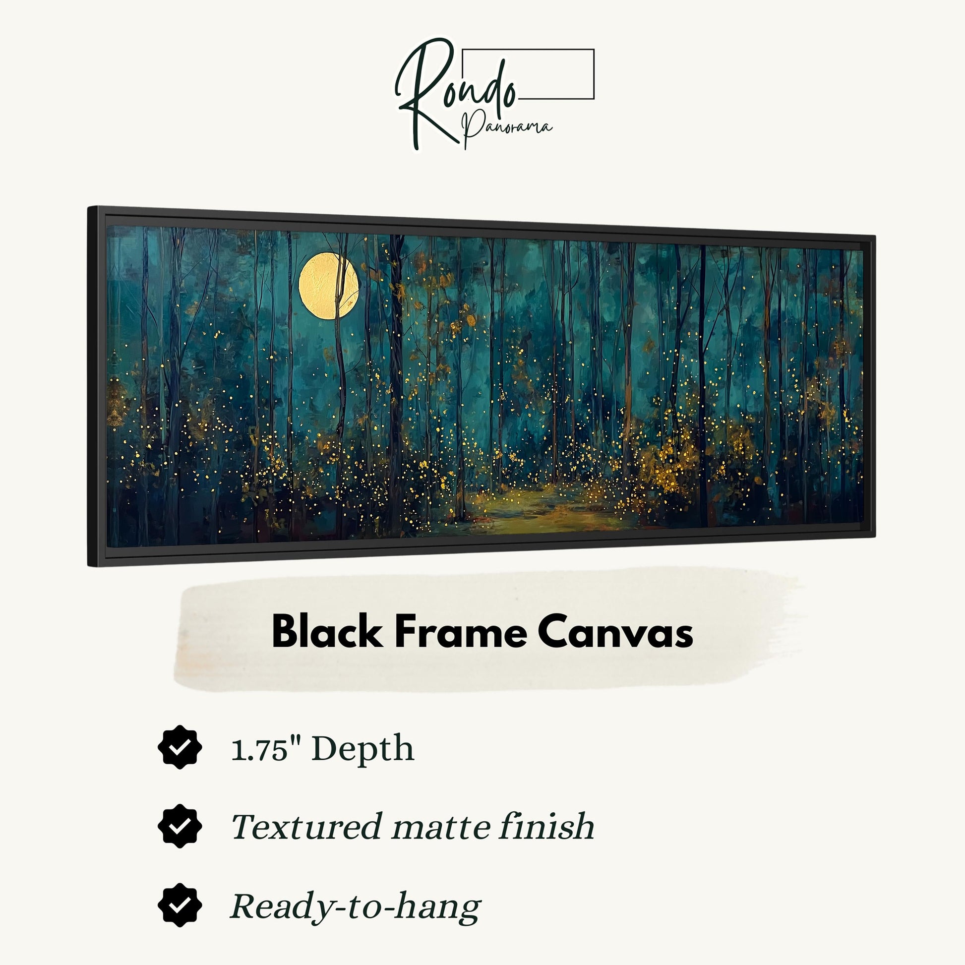 The image is a black frame canvas depicting a nighttime forest scene with a full moon and glowing trees.