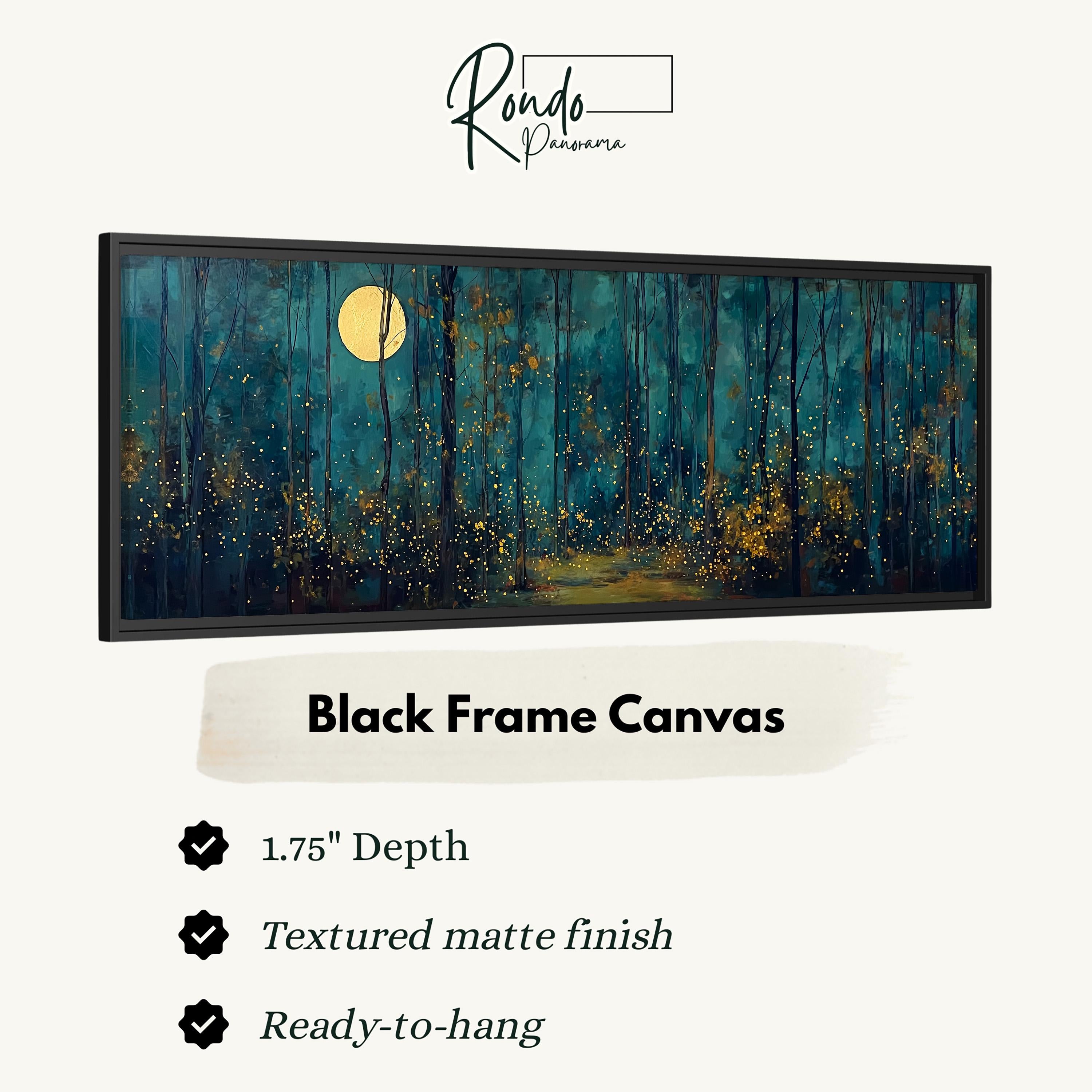 The image is a black frame canvas depicting a nighttime forest scene with a full moon and glowing trees.