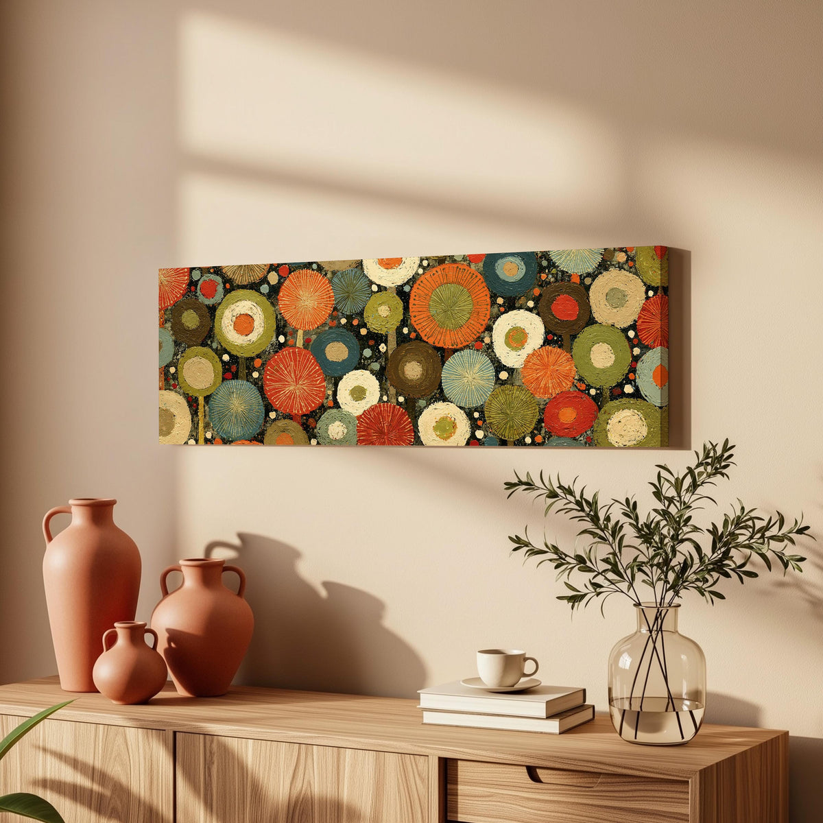 Layered circle dot pattern long horizontal canvas print above a wooden sideboard
