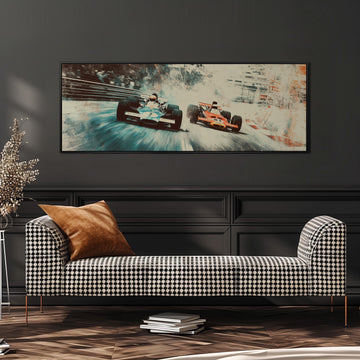 a large framed print of two Formula One race cars speeding down a track, with a checkered sofa in the foreground.