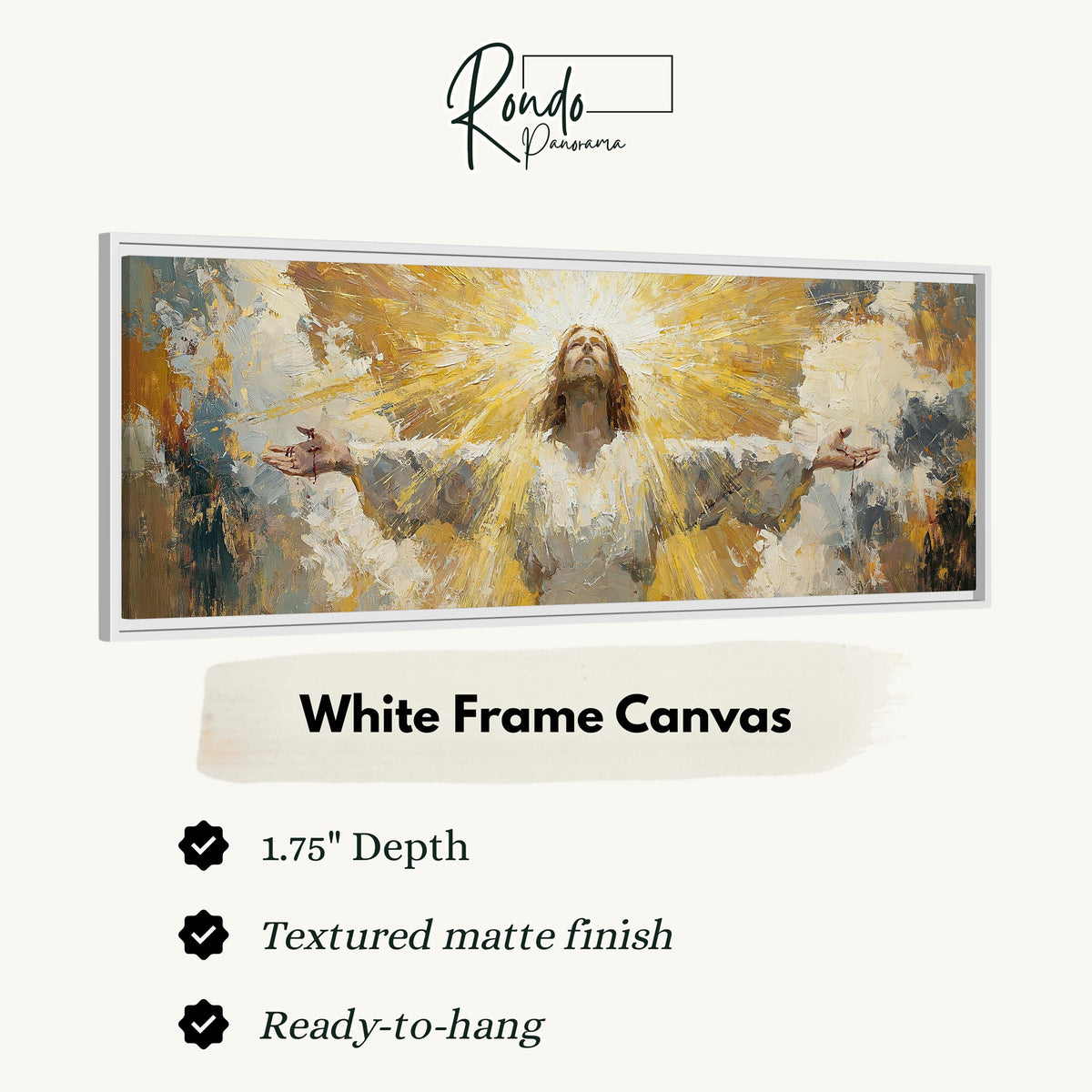 Risen Christ in golden light canvas print in a white floating frame