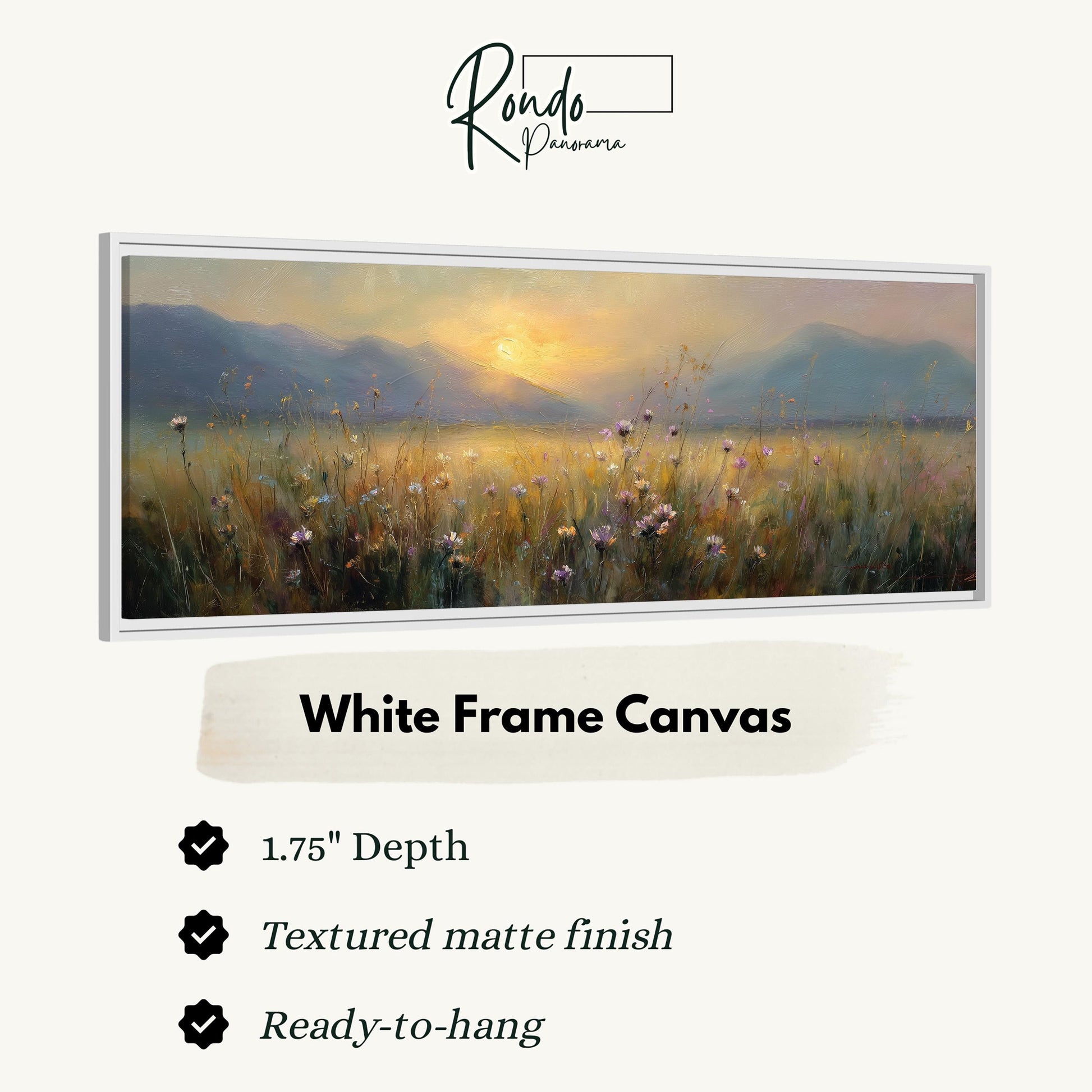 The image is a white frame canvas depicting a serene landscape with a field of flowers and mountains in the background.