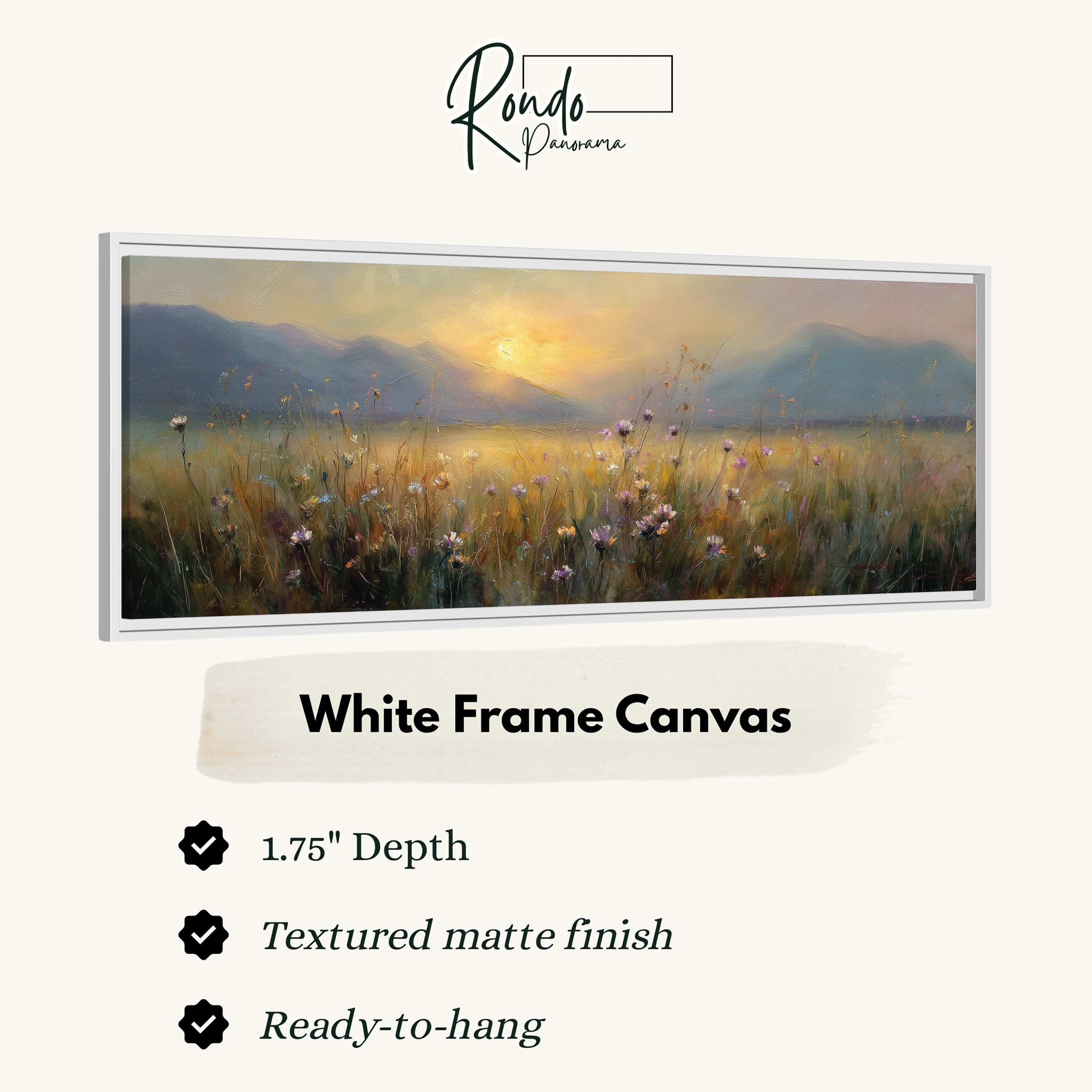 The image is a white frame canvas depicting a serene landscape with a field of flowers and mountains in the background.