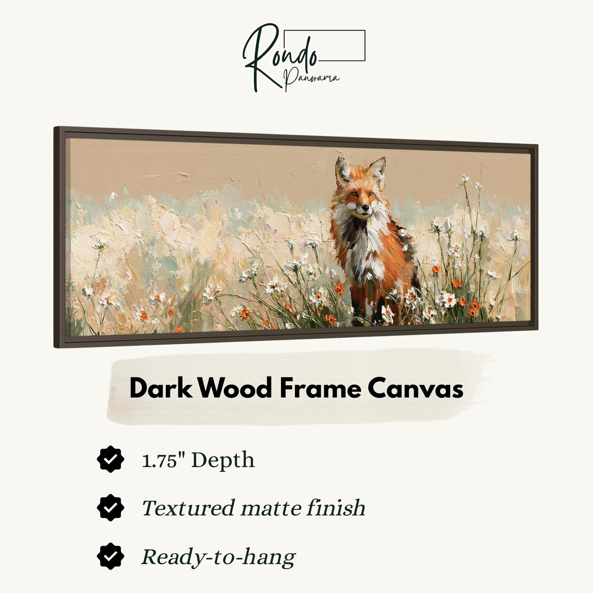 Red fox sitting among white wildflowers canvas print in a dark wood floating frame