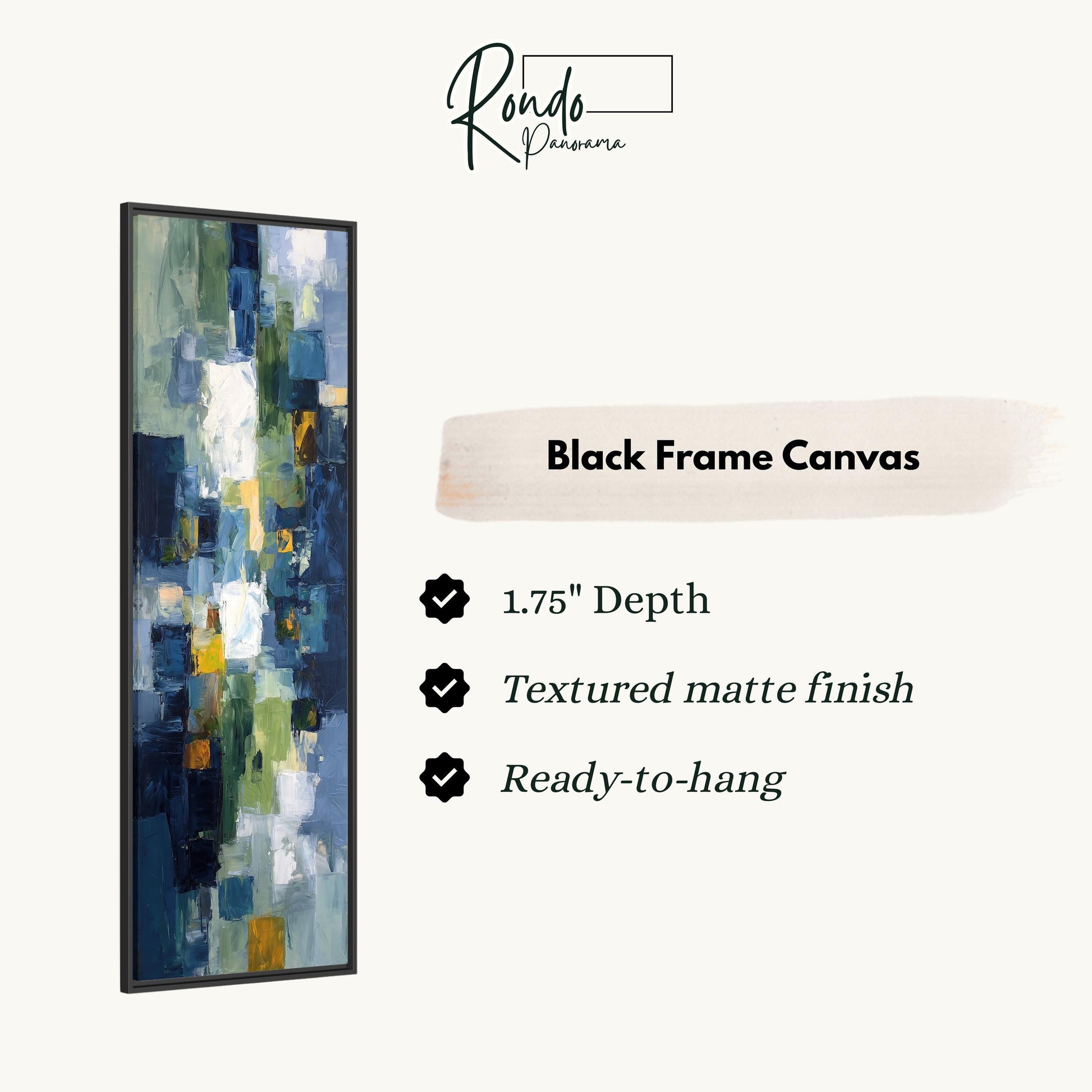 The image is a product advertisement for a black frame canvas. It features a large abstract painting with a variety of colors and brushstrokes, and provides details about the product, including its dimensions, finish, and hanging capabilities.