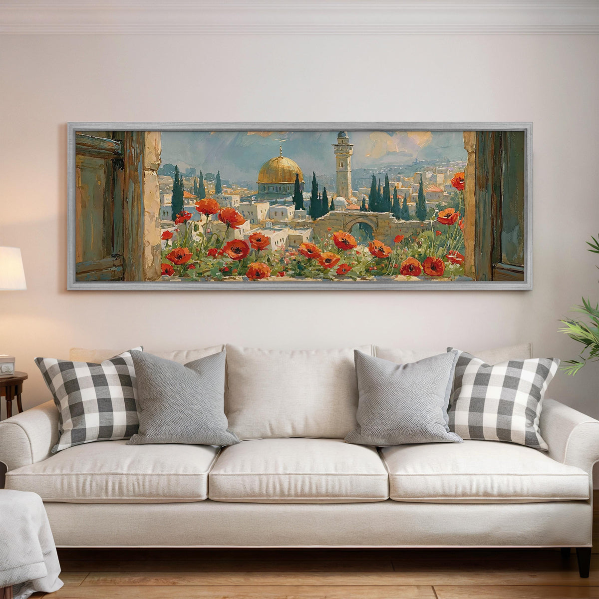 Jerusalem skyline through a window with poppies panoramic canvas print above a white sofa in a bright living room