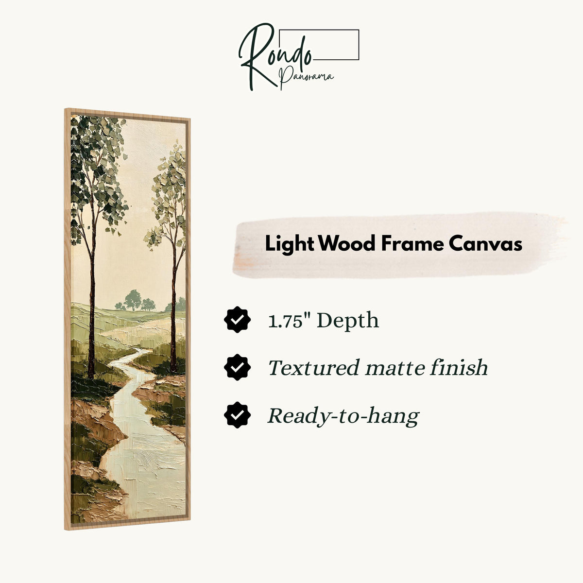 Stream winding between trees into the countryside canvas print in a light wood floating frame