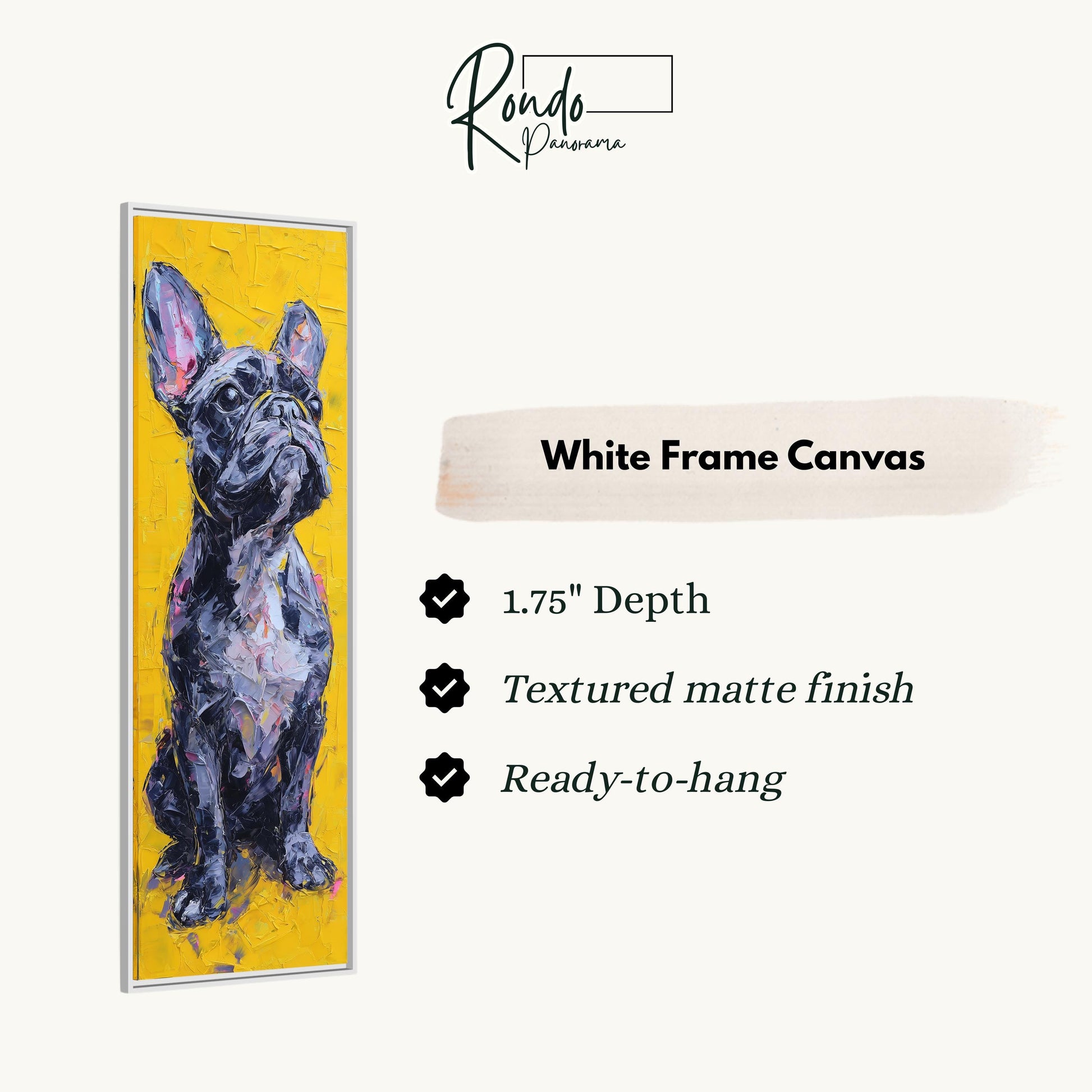 The image is a white frame canvas featuring a painting of a French Bulldog.