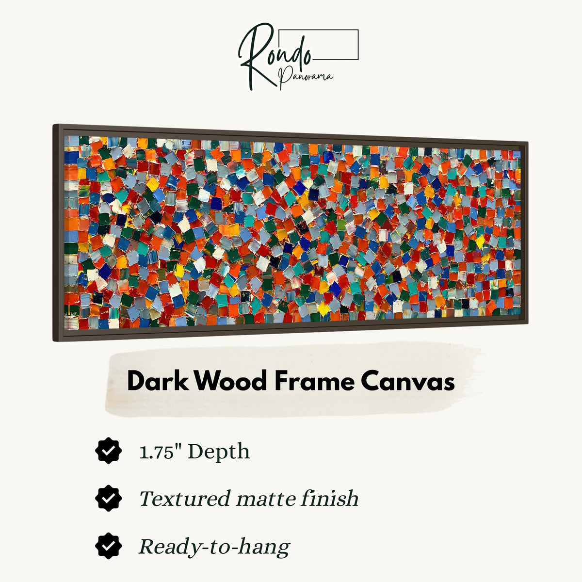 Colorful confetti mosaic squares canvas print in a dark wood floating frame