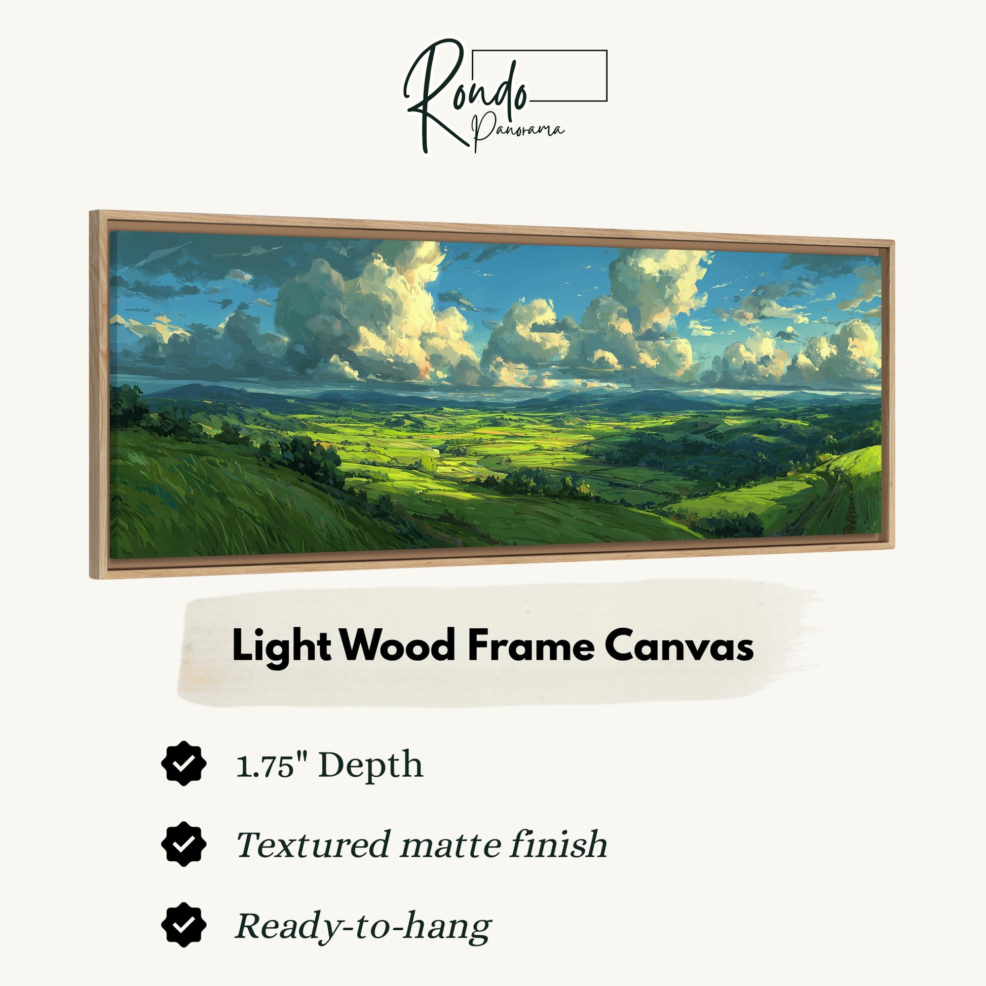 The image is a framed canvas depicting a landscape with rolling hills and a blue sky with clouds.
