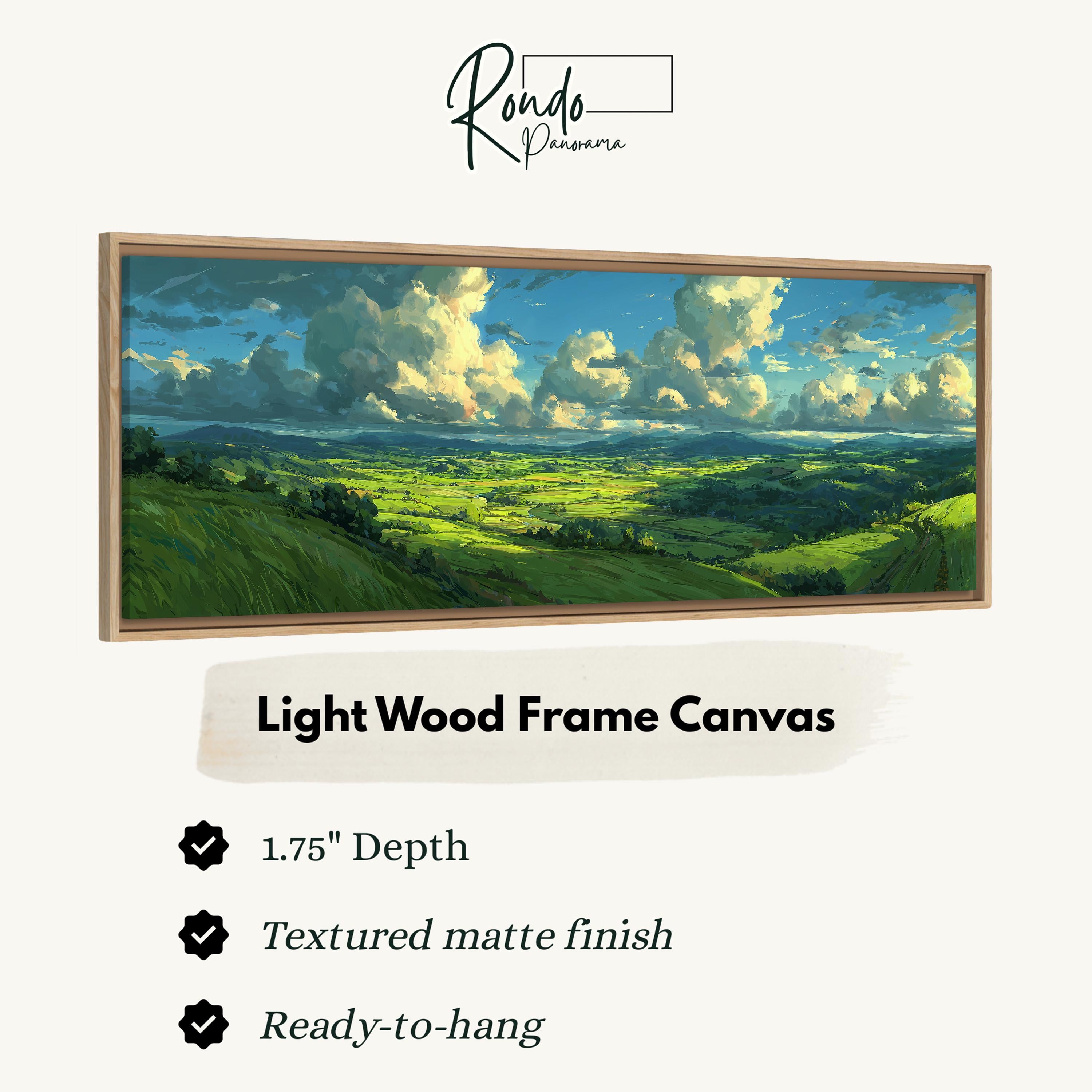 The image is a framed canvas depicting a landscape with rolling hills and a blue sky with clouds.