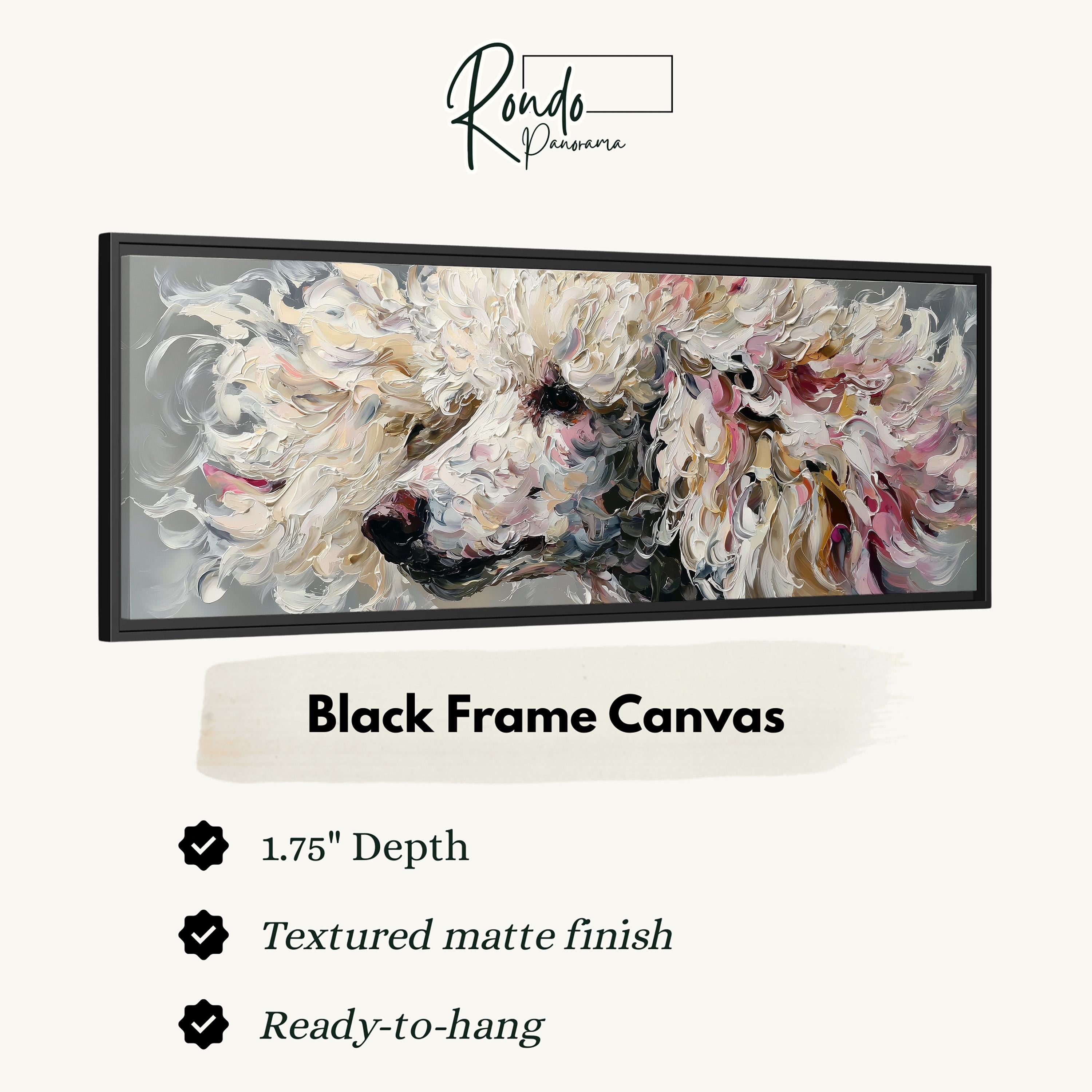 The image is a black frame canvas depicting a close-up of a fluffy white dog's face.