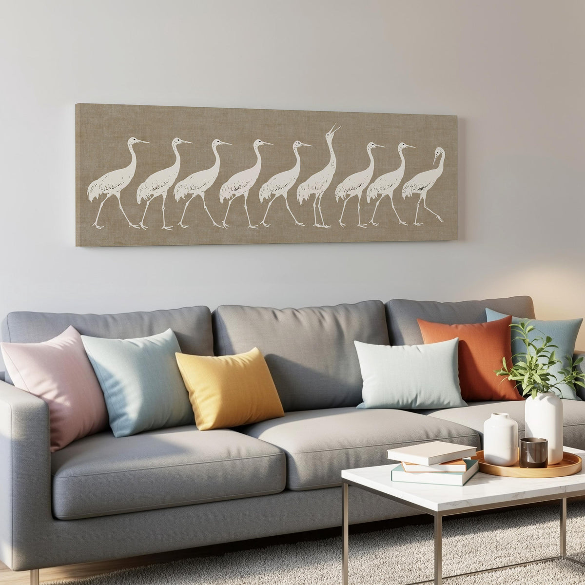 Procession of white cranes on linen panoramic canvas print above a grey sofa in a living room