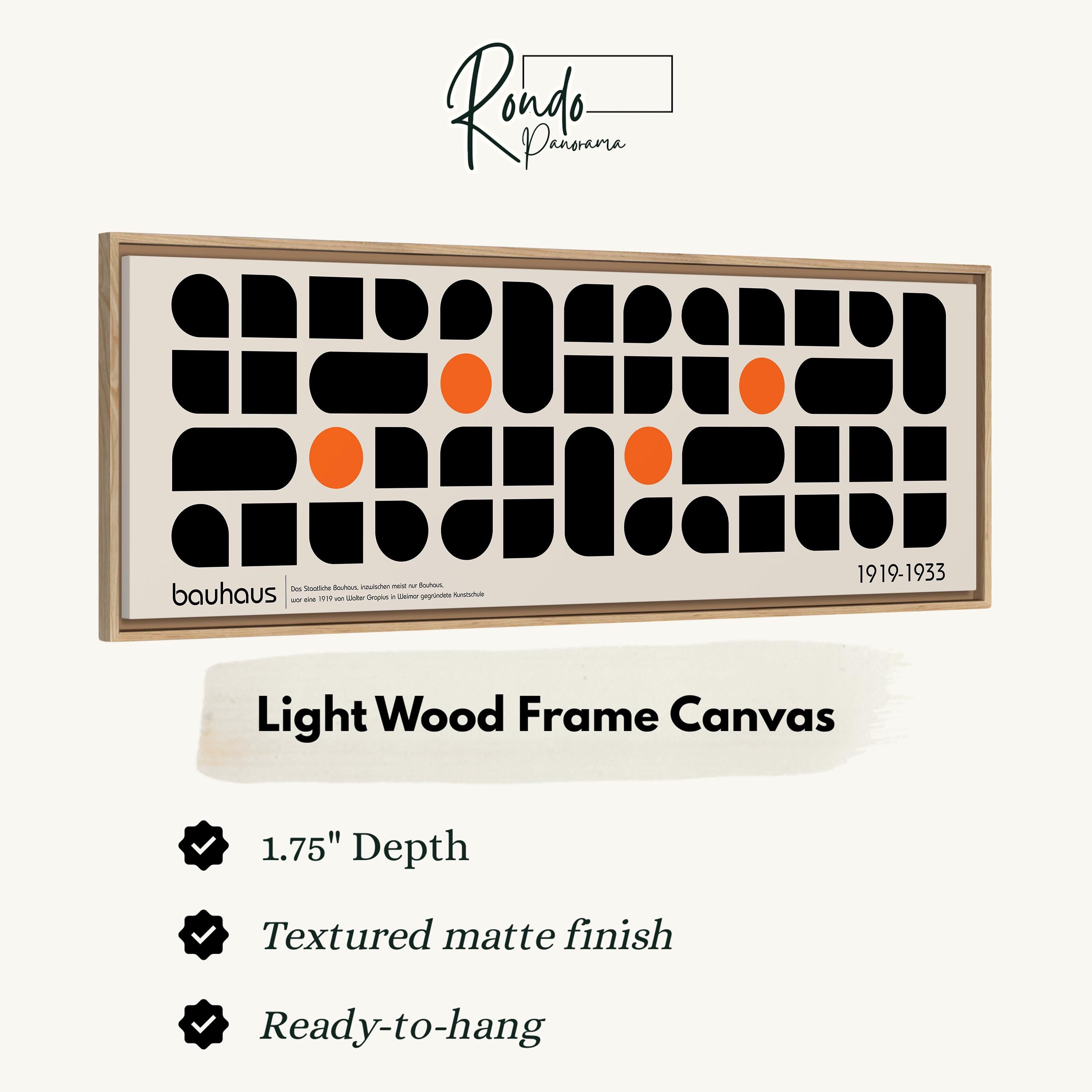 The image is a framed artwork with a geometric design in black and orange tones.