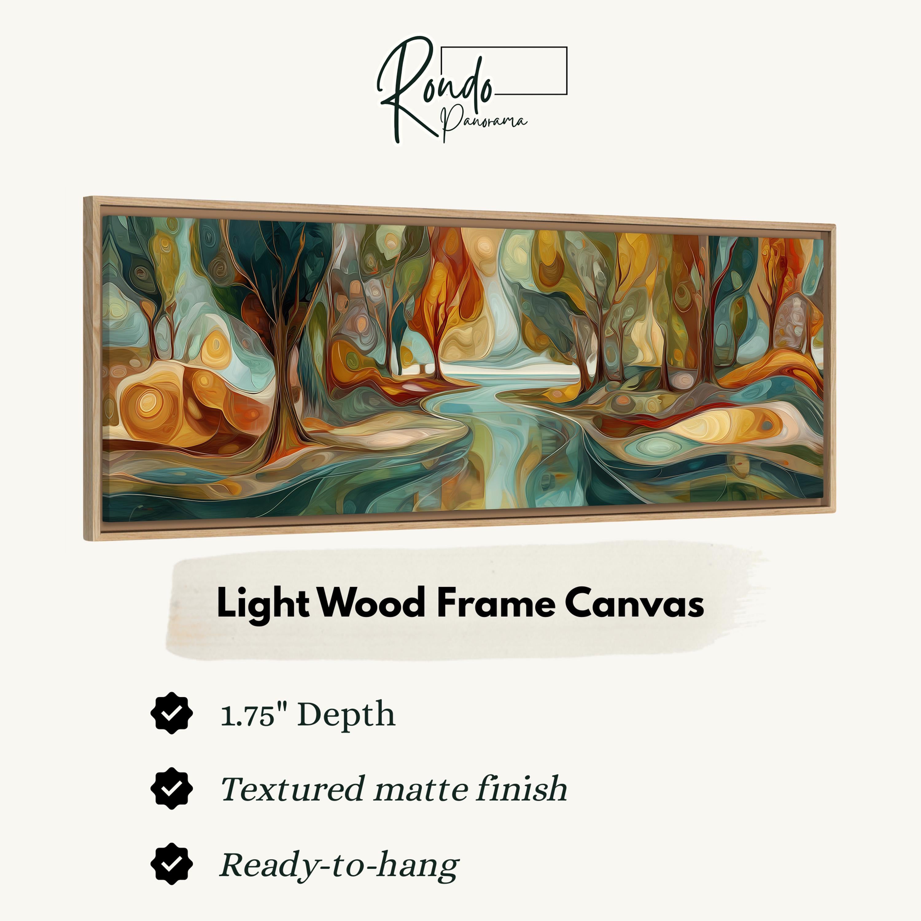 The image is a light wood frame canvas with a painting of a forest scene.