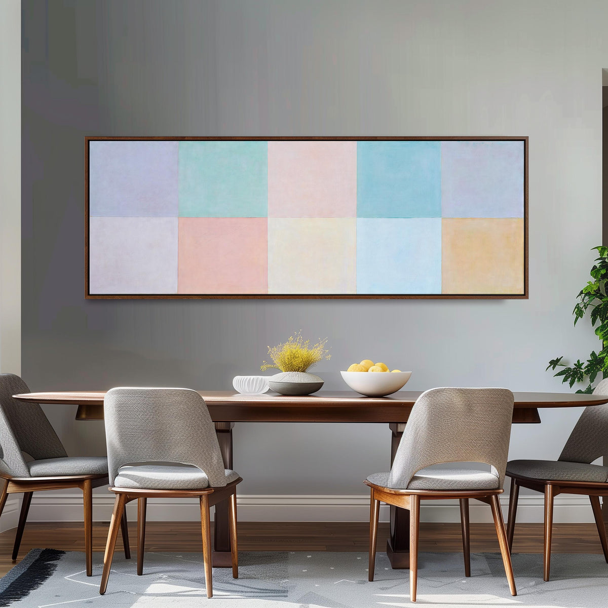 Pastel checkerboard grid long horizontal canvas print above a dining table