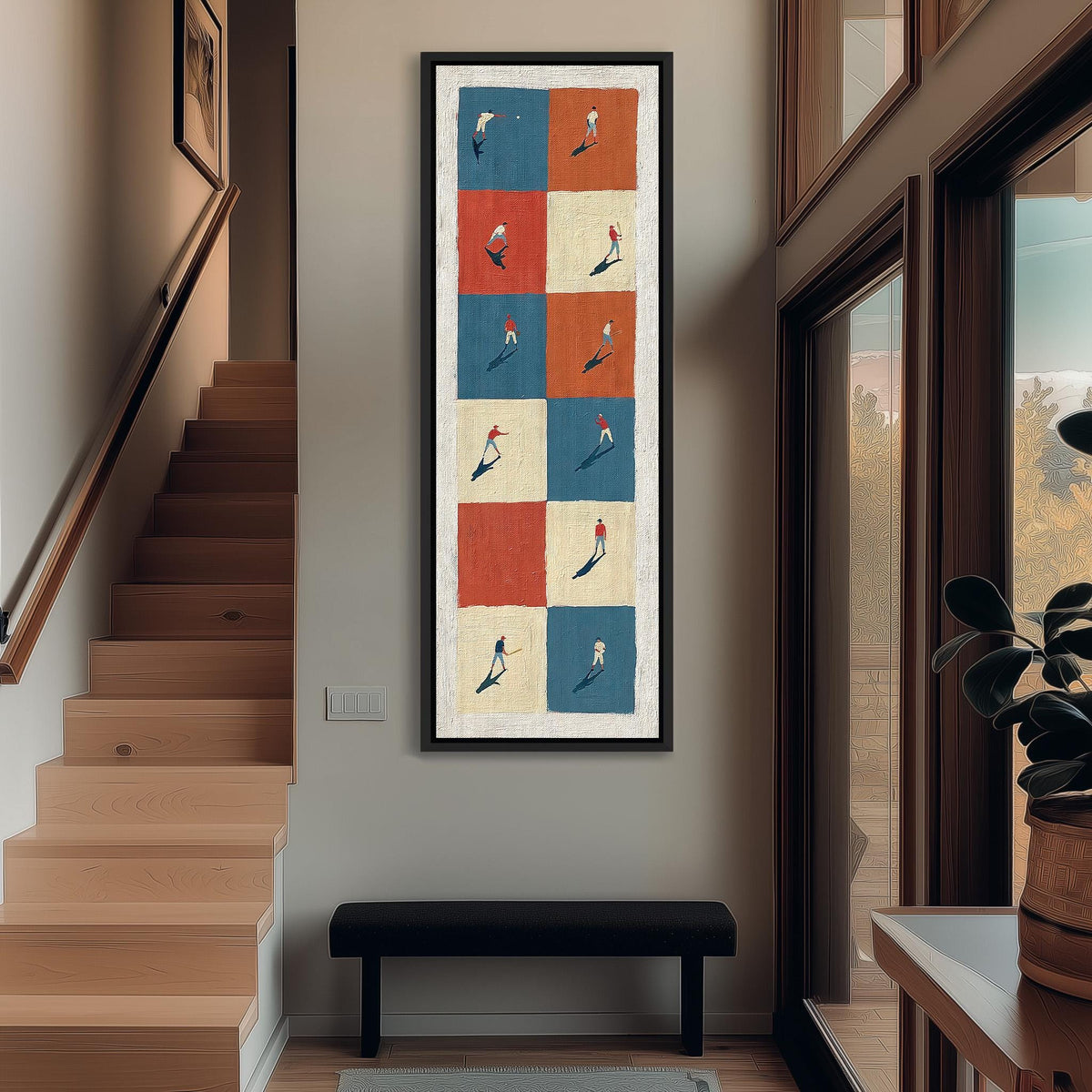 Baseball players on a color block grid tall narrow canvas print beside a staircase in an entryway