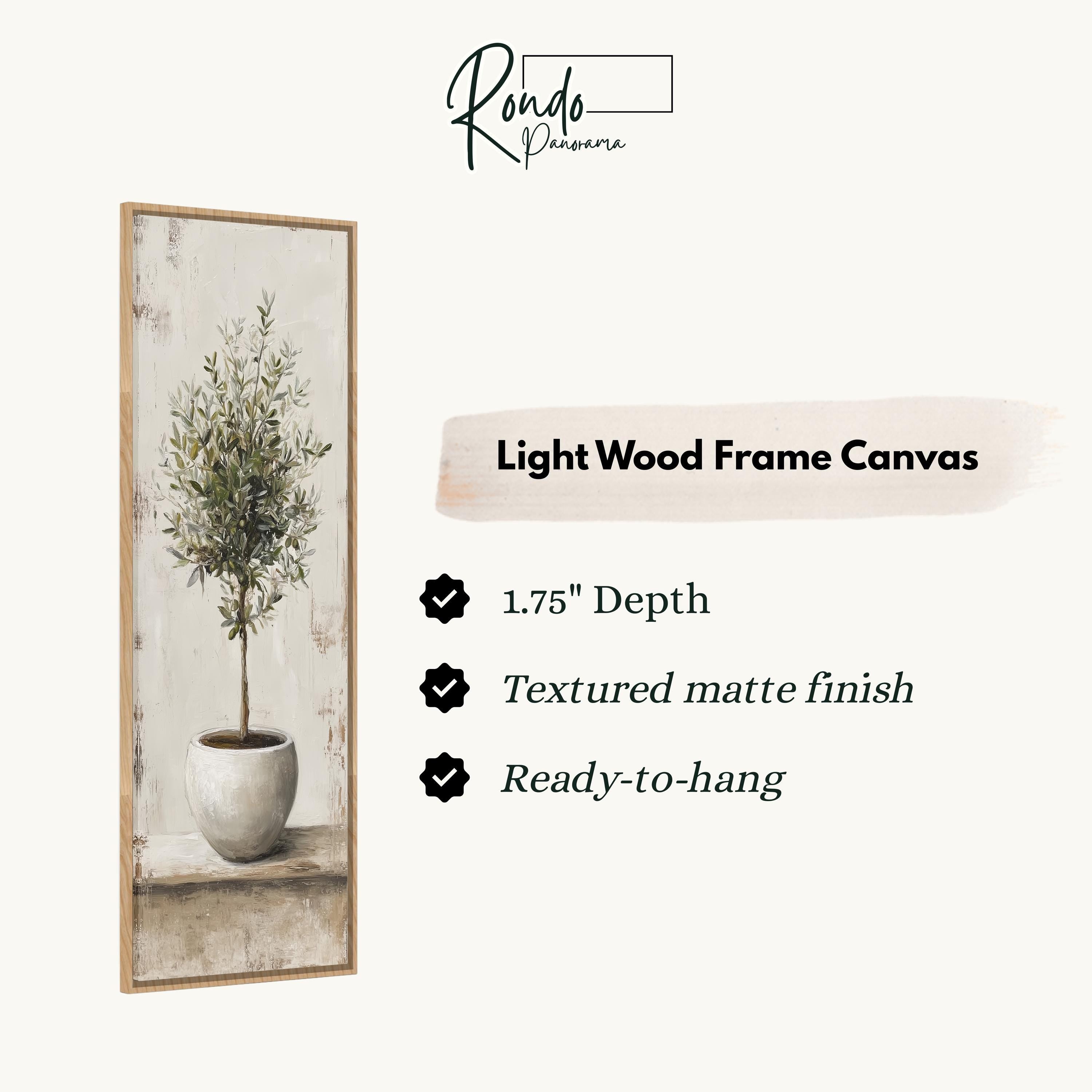 The image is a light wood frame canvas featuring a potted olive tree.