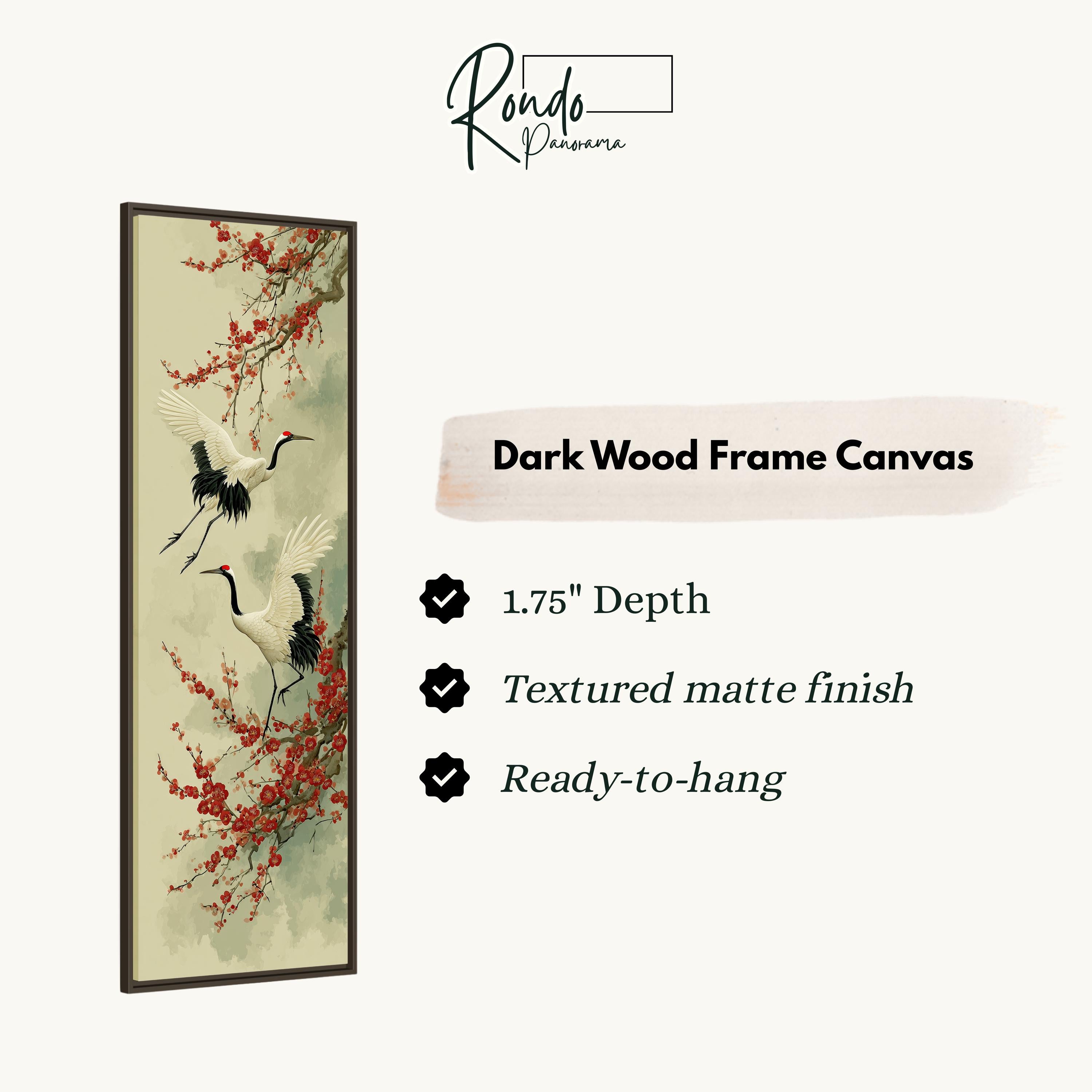 The image is a dark wood frame canvas featuring a painting of two cranes in flight over a branch with red berries.