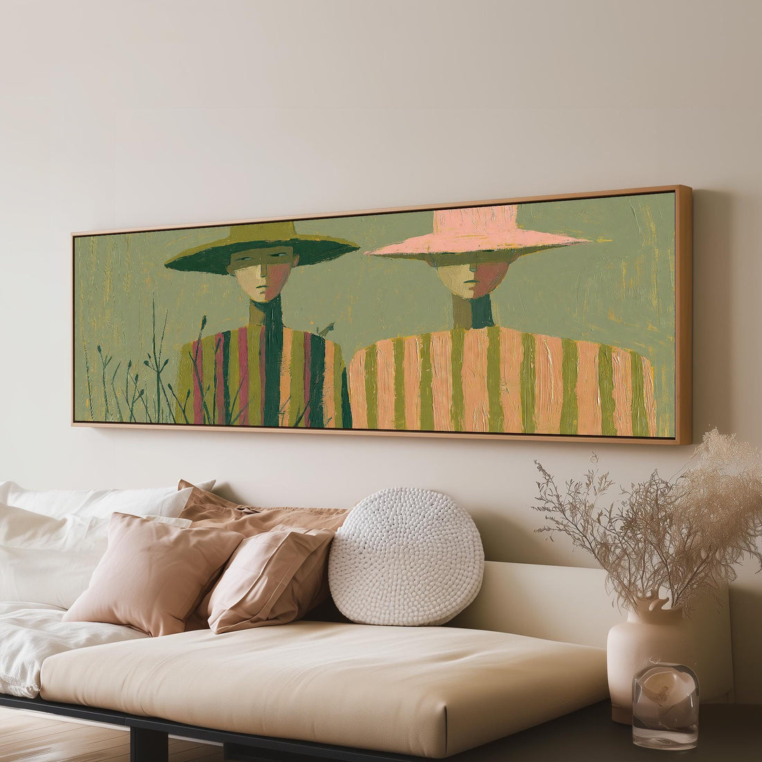 Two farmers in sun hats long horizontal canvas print above a sofa in a living room