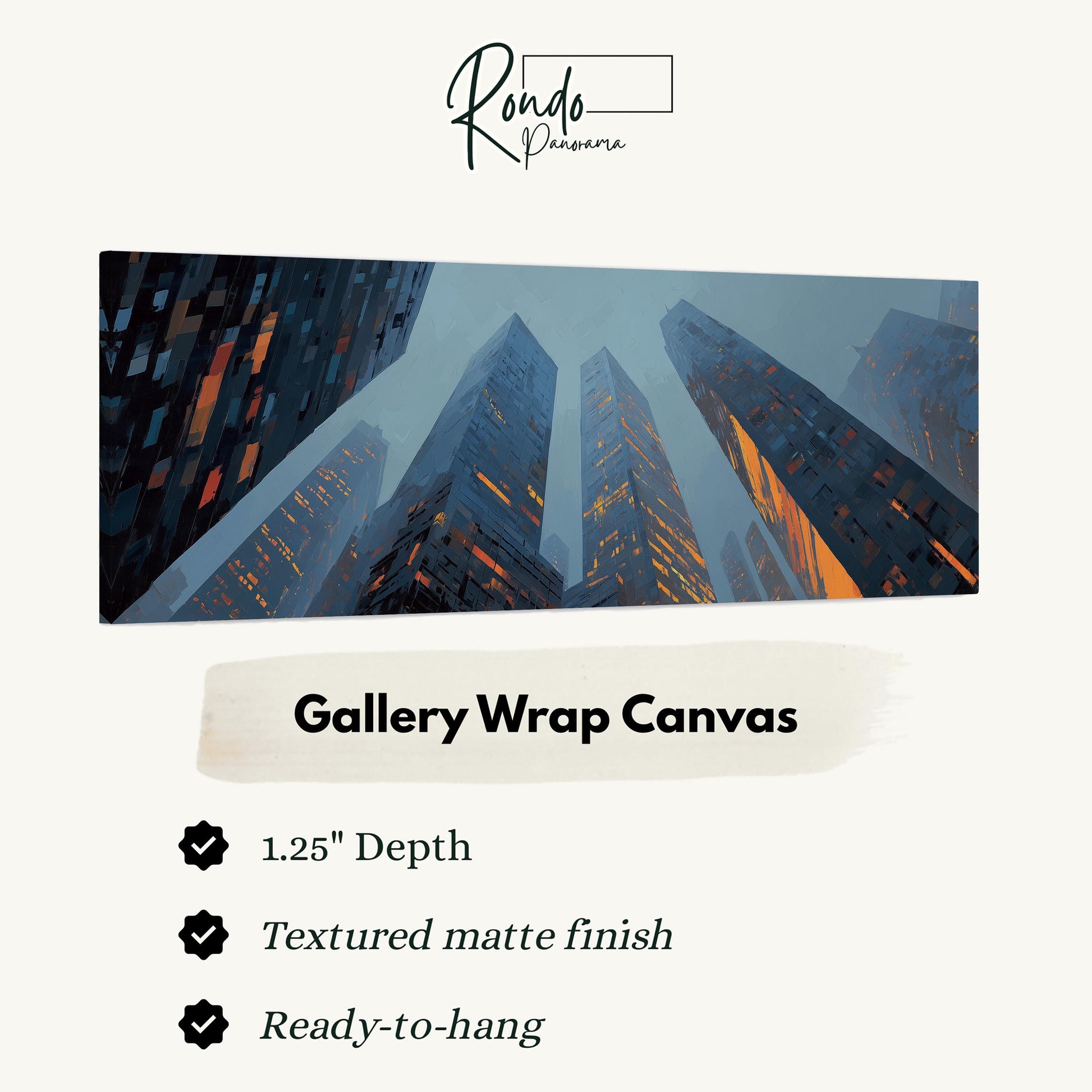 The image is a gallery wrap canvas featuring a cityscape with tall buildings in the background.